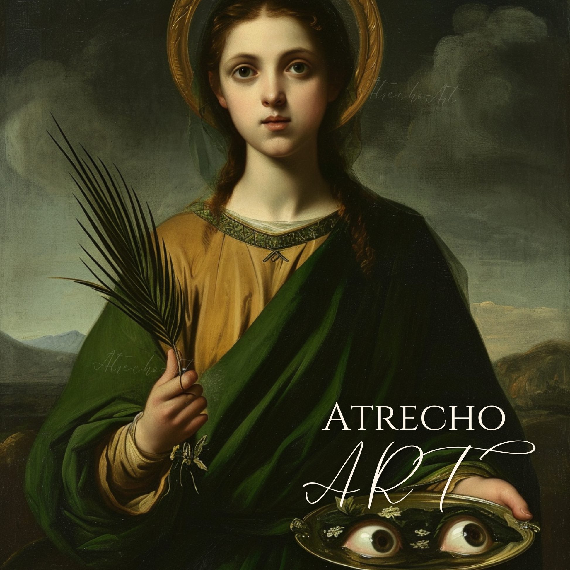 Saint Lucia full art print close-up — Spanish Baroque saint with golden halo, palm frond and eyes on silver dish, dark moody background, RE21 by Atrecho Art