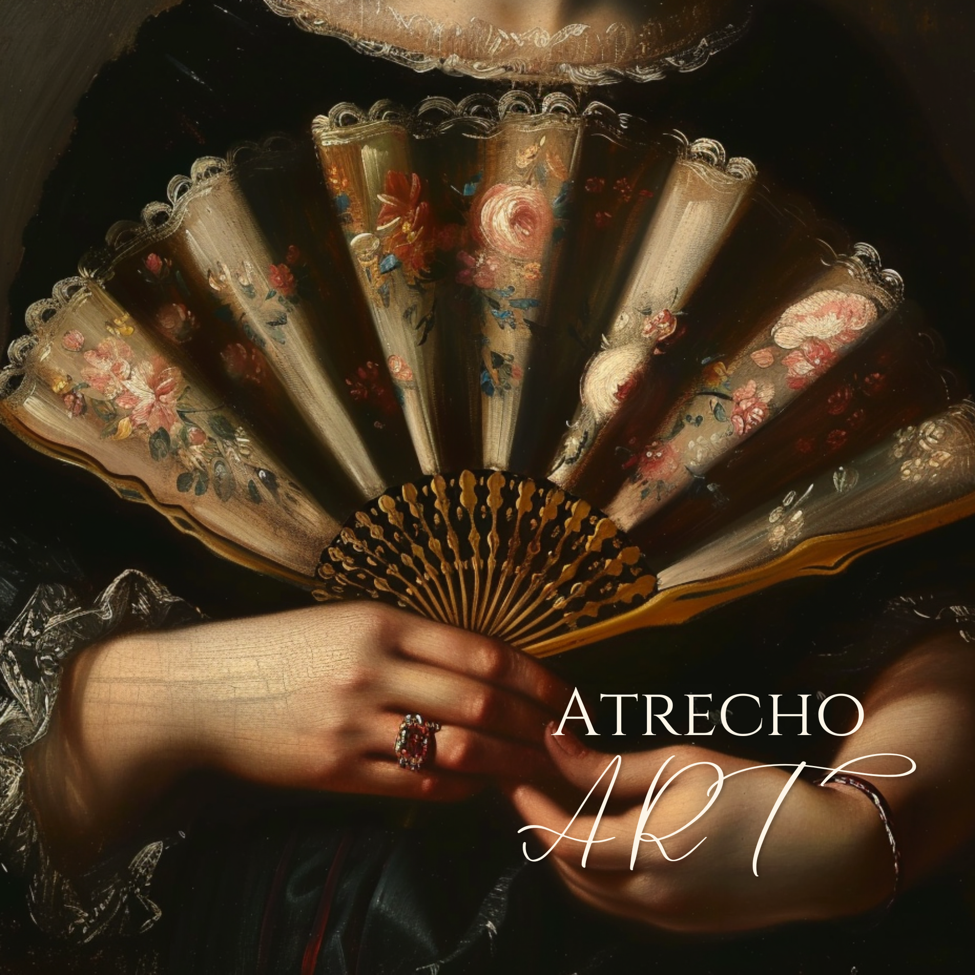 Full print of a hand-painted folding fan cradled by jeweled hands, cabbage roses and a frothy lace collar, by Atrecho Art