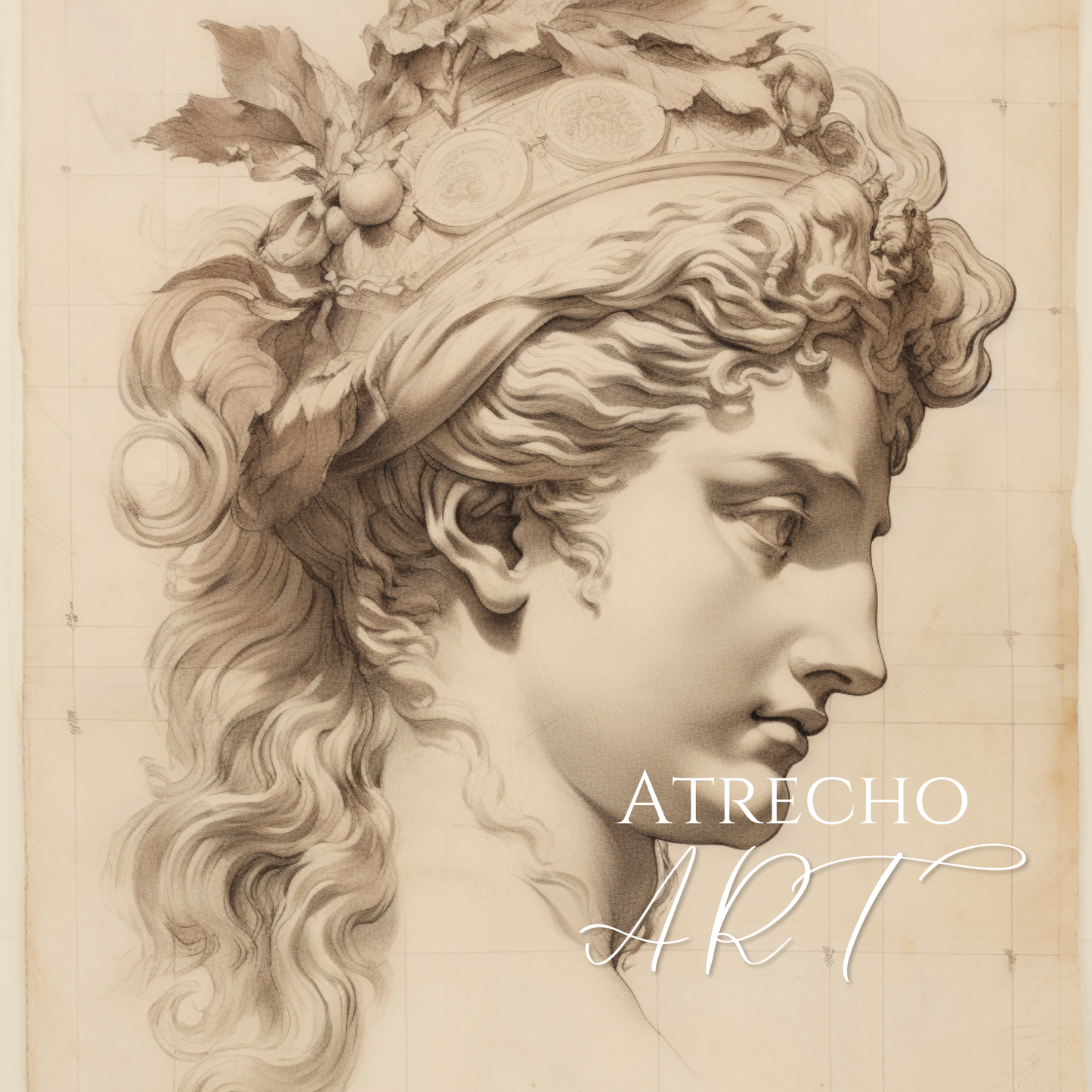 Set of four neutral sketch prints in sepia and graphite — classical urn, horse study, nautical seascape, and Roman bust — archival art prints P423