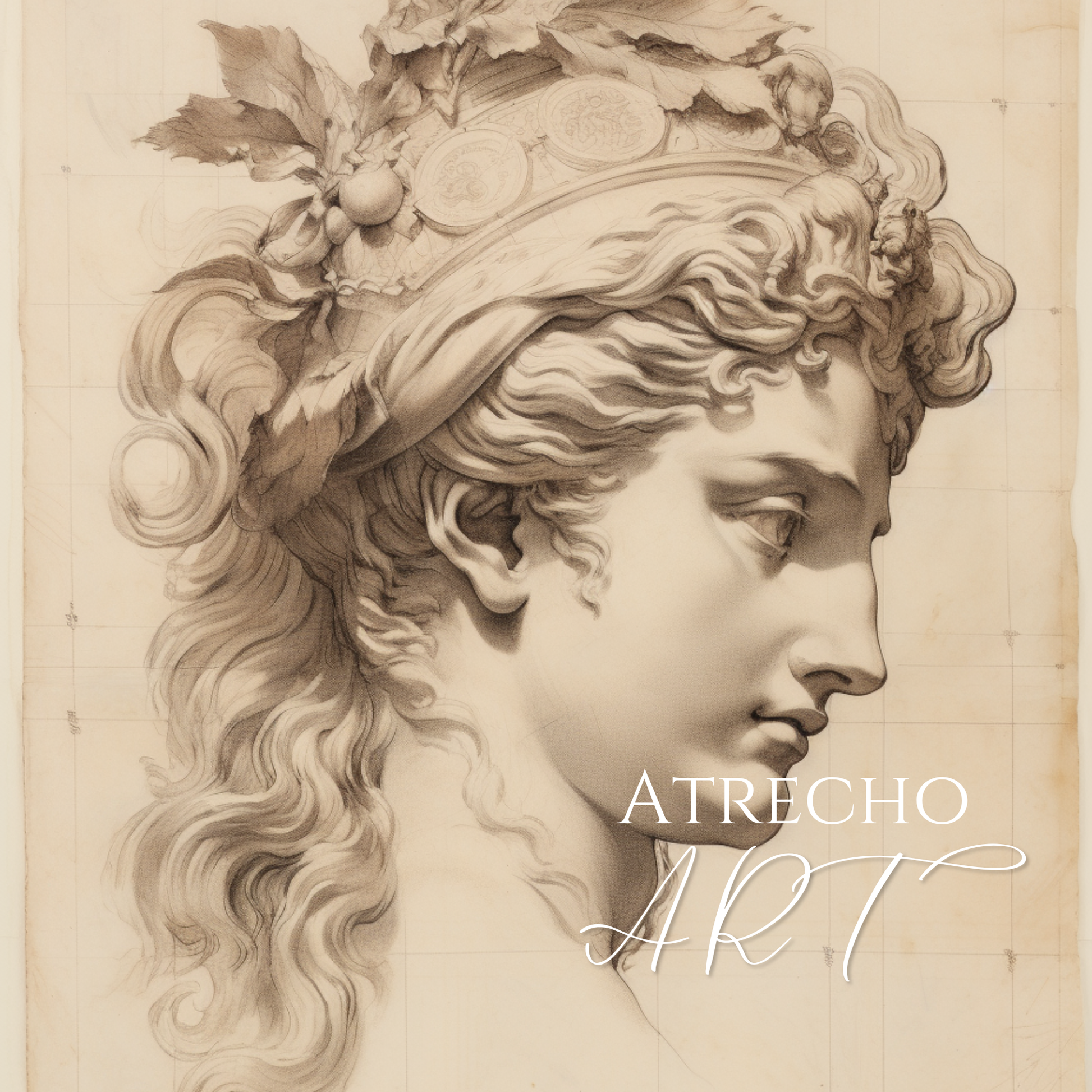 Set of four neutral sketch prints in sepia and graphite — classical urn, horse study, nautical seascape, and Roman bust — archival art prints P423