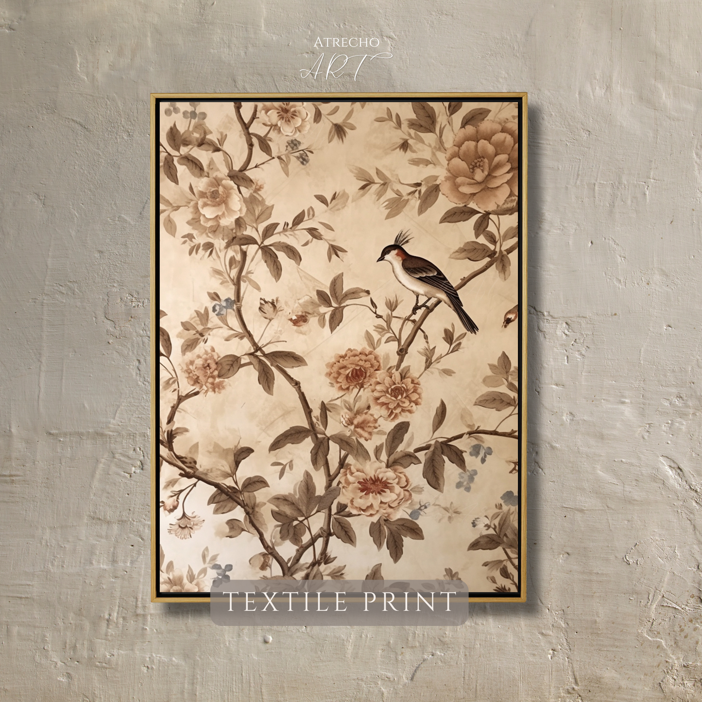 Vintage Floral Bird Textile Art Print | Printed Artwork | TE20