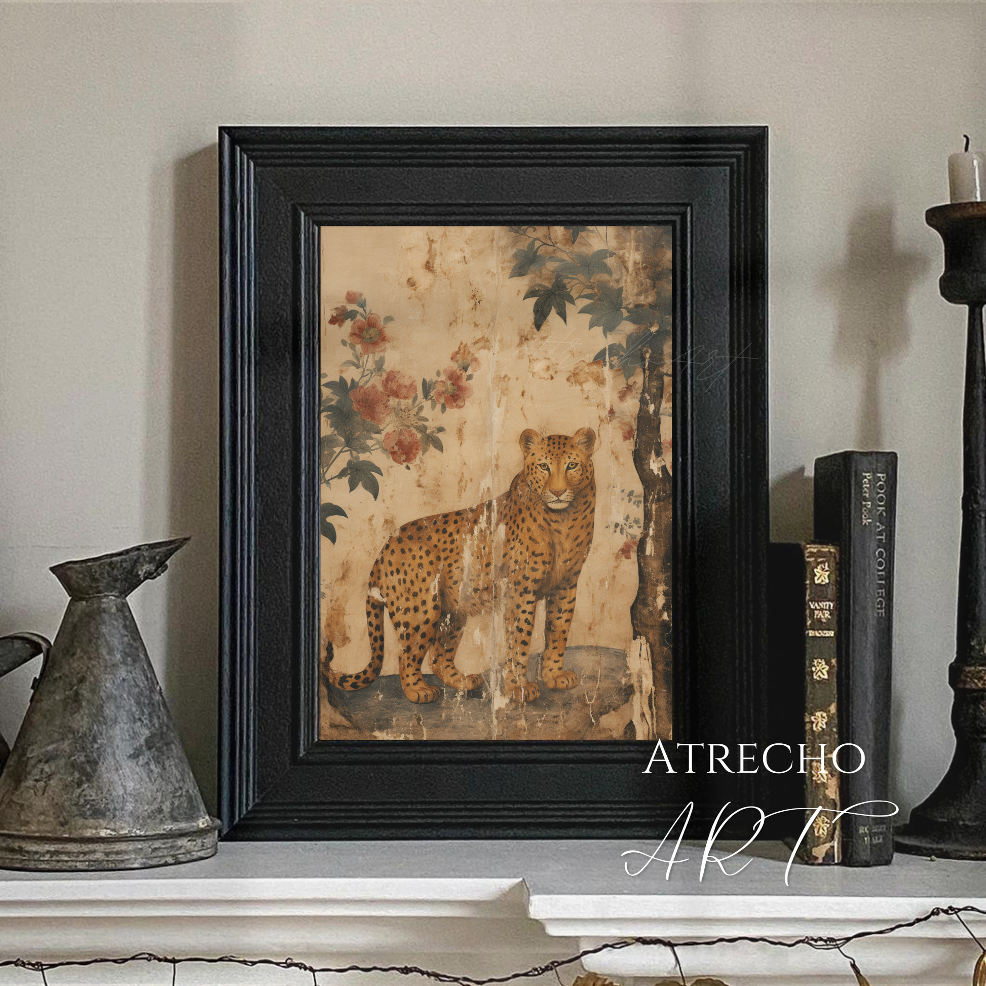 Vintage leopard wall art print with botanical floral elements in warm sepia tones, perfect for cottagecore and dark academia decor