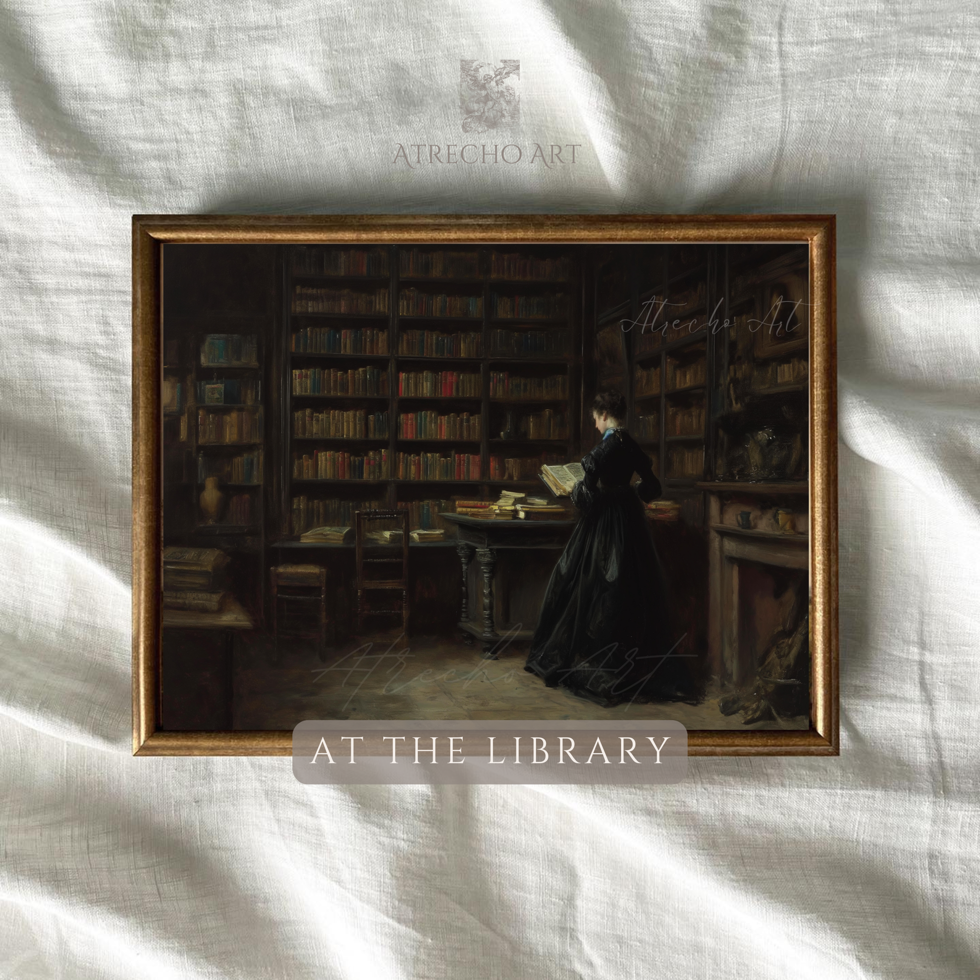 Dark academia library print of Victorian woman reading among floor-to-ceiling bookshelves, archival quality 