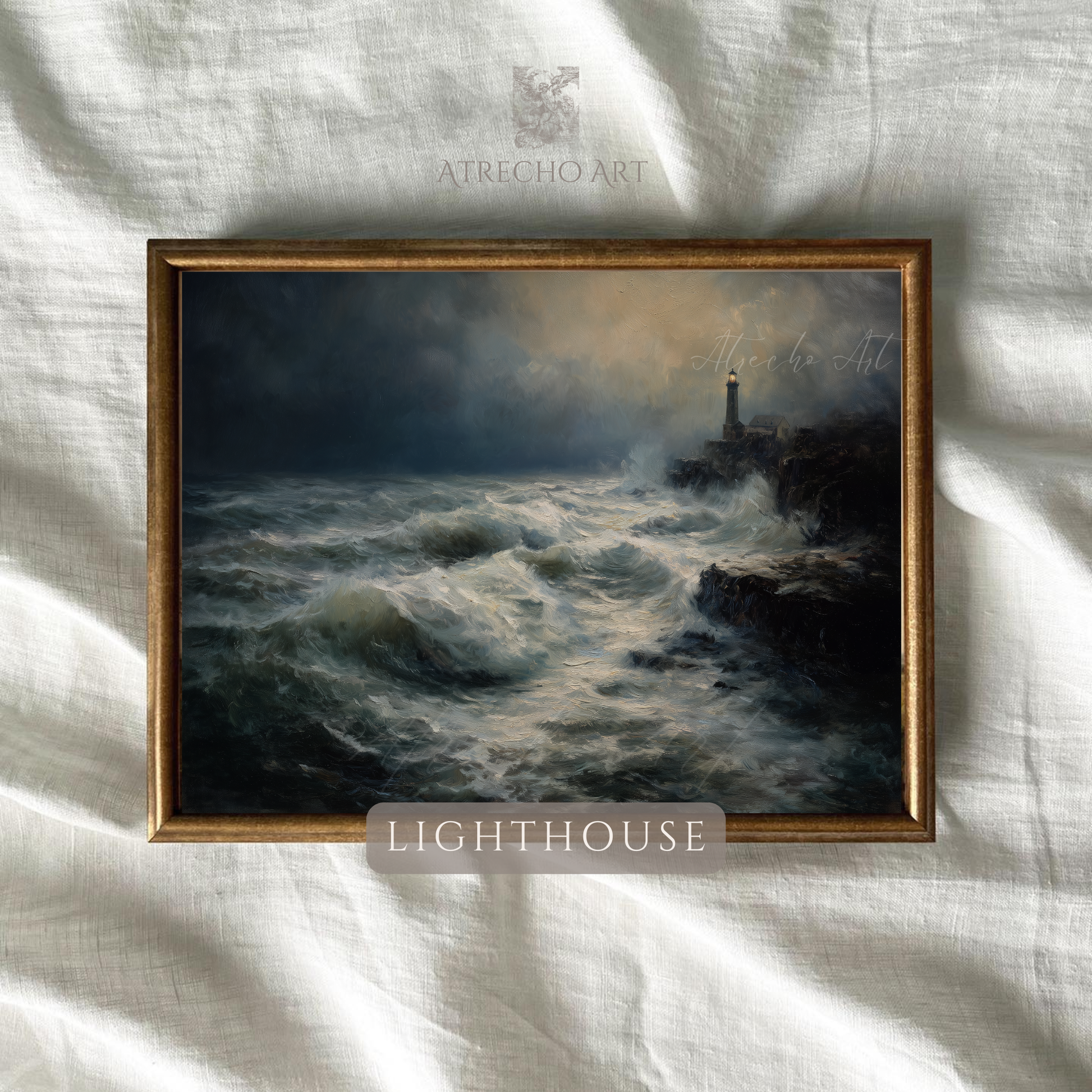 Stormy lighthouse seascape print against natural linen texture — dramatic dark ocean, vintage coastal wall art, NA02 by Atrecho Ar