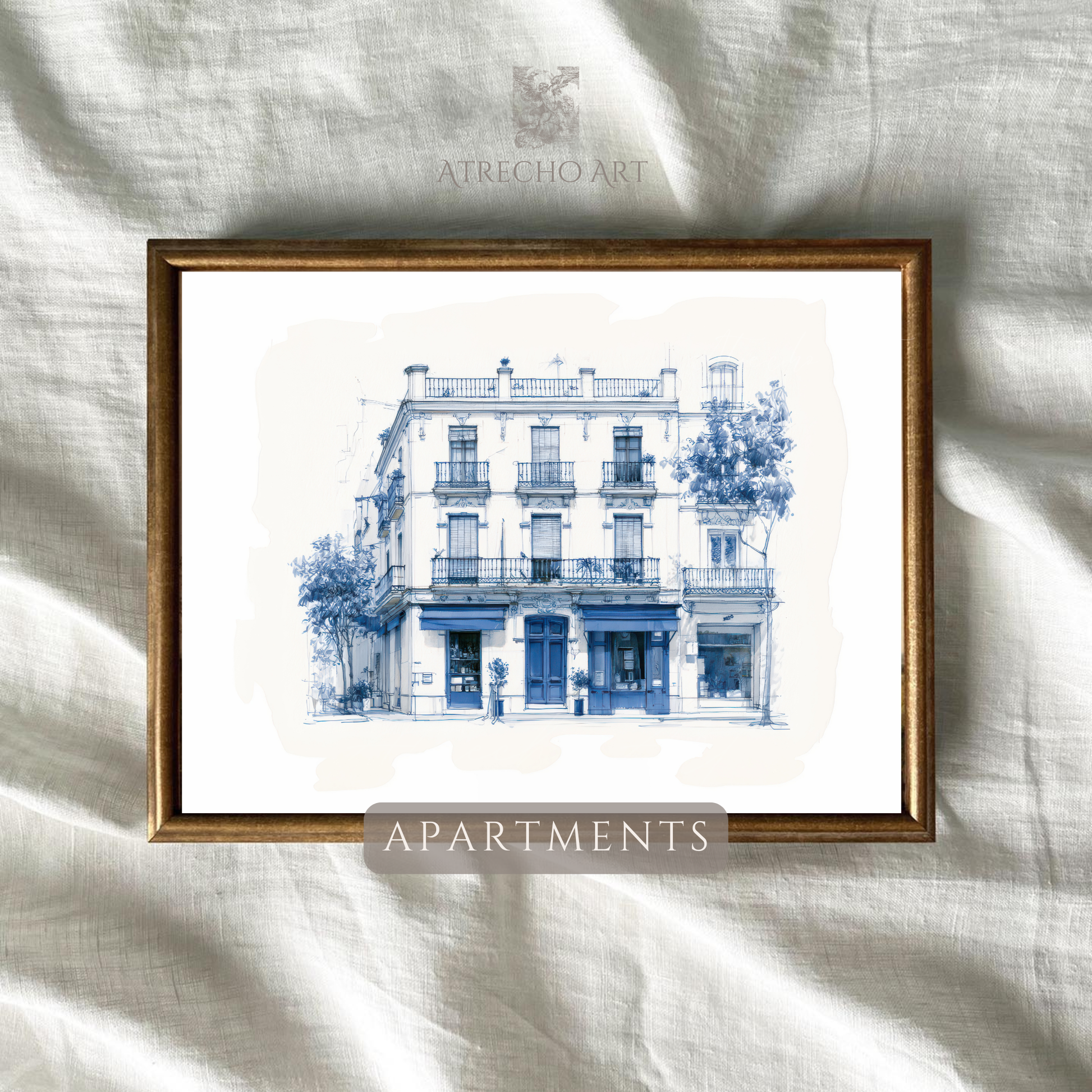Blue and cream architectural print shown against natural linen texture, cobalt pen line and cross-hatching by Atrecho Art