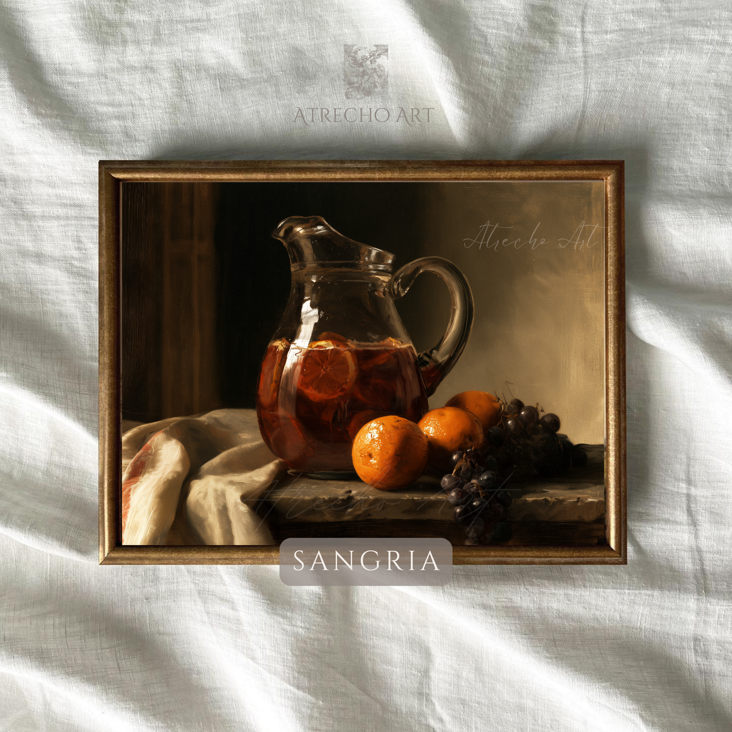 Sangria still life art print resting on natural linen, garnet wine and warm citrus tones by Atrecho Art