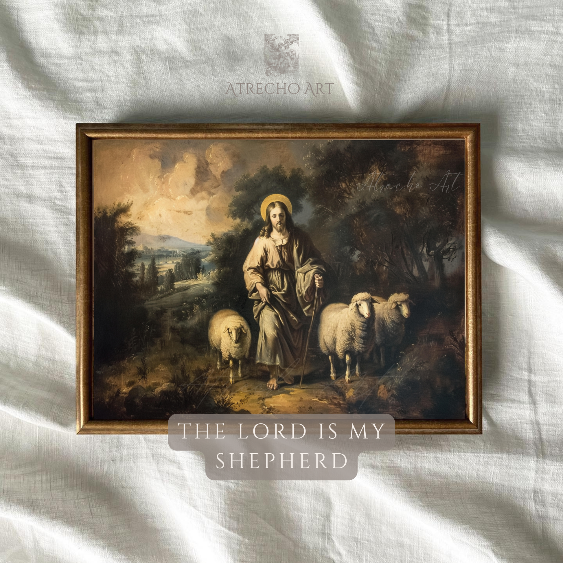 Classical religious art print of The Lord is My Shepherd featuring a robed figure with golden halo standing with sheep in pastoral European landscape with atmospheric Old Masters painting style