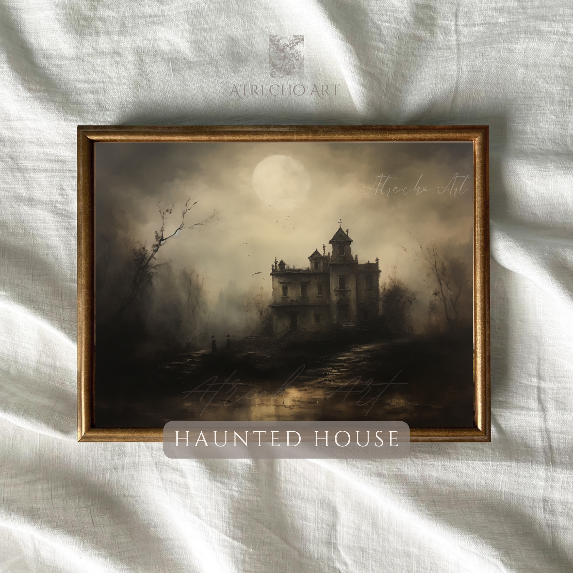 Haunted manor nocturne print against natural linen texture, wood frame, warm sepia and umber tones, by Atrecho Art