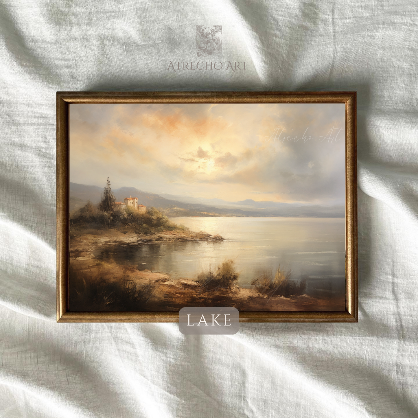 Vintage atmospheric lake landscape print with golden hour lighting and misty romantic scenery for light academia decor