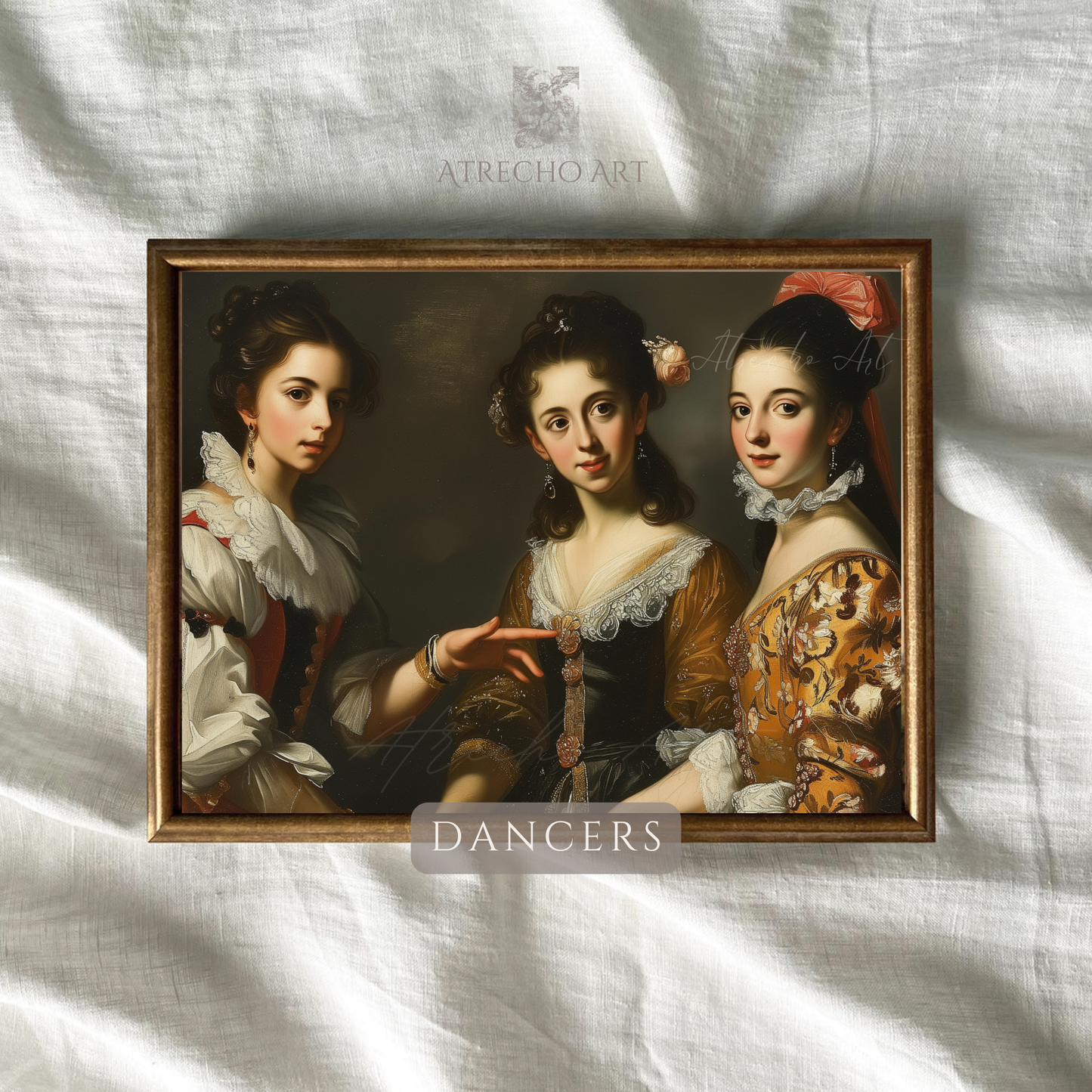 Classical dance painting print shown in dark academia gallery wall arrangement alongside portrait prints and ornate gold frames