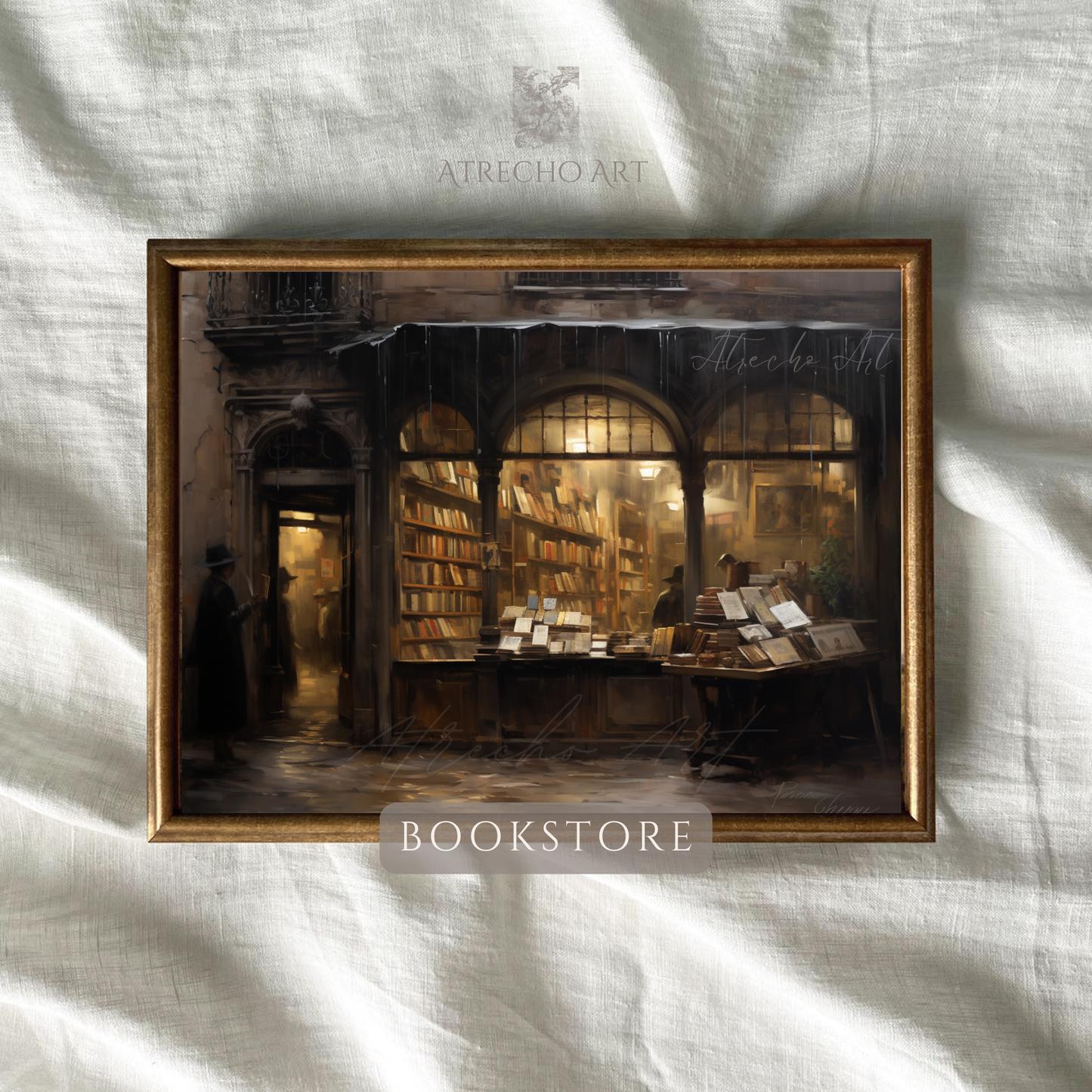 Dark academia bookshop art print against natural linen, showing arched shelves and ladder, AR24 by Atrecho Art