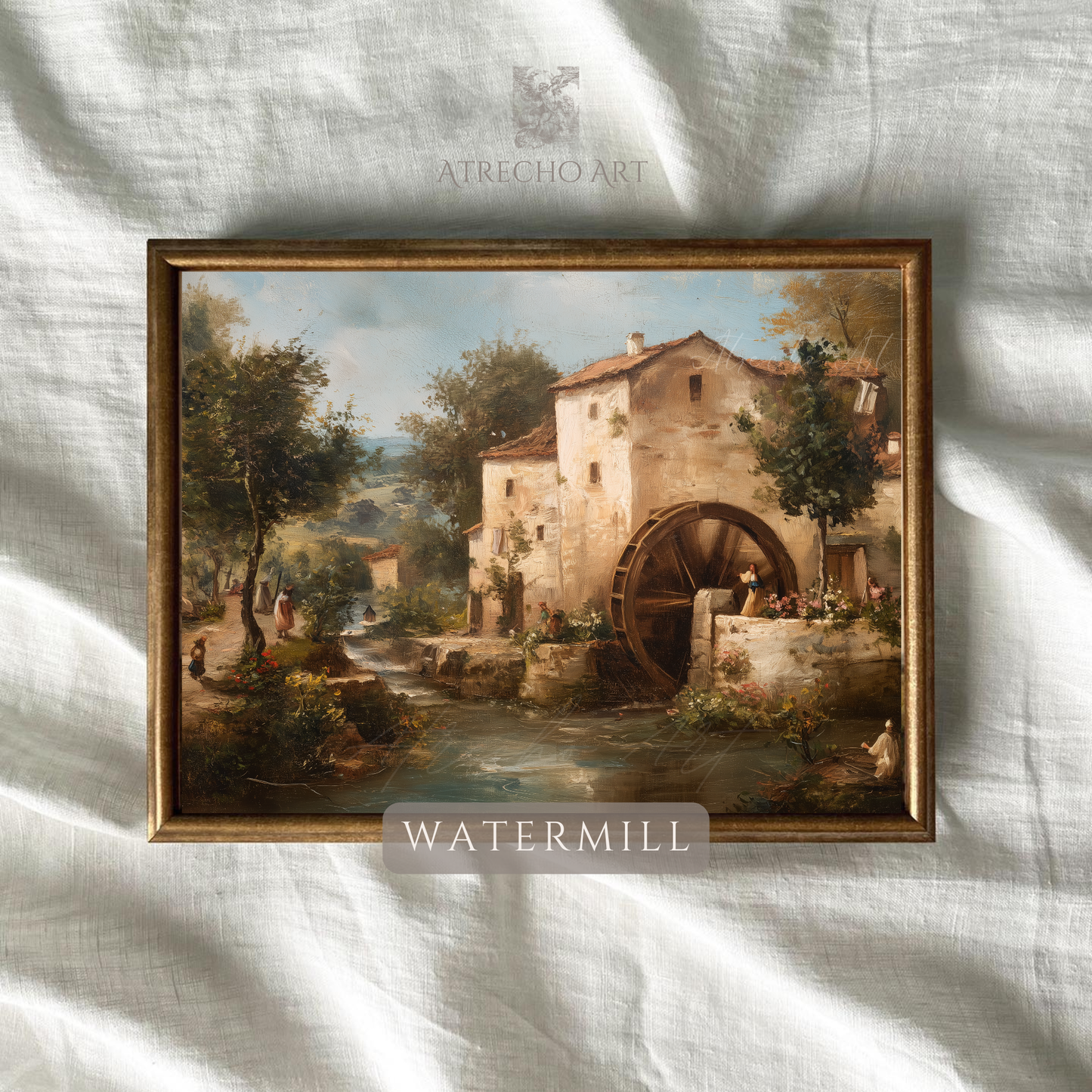 European watermill landscape — wooden water wheel, ochre stone buildings, figures by river, rolling green hills in warm afternoon light