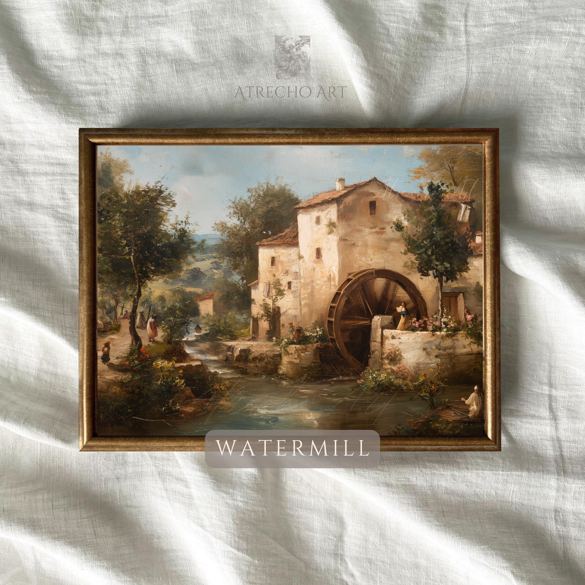 European watermill landscape — wooden water wheel, ochre stone buildings, figures by river, rolling green hills in warm afternoon light