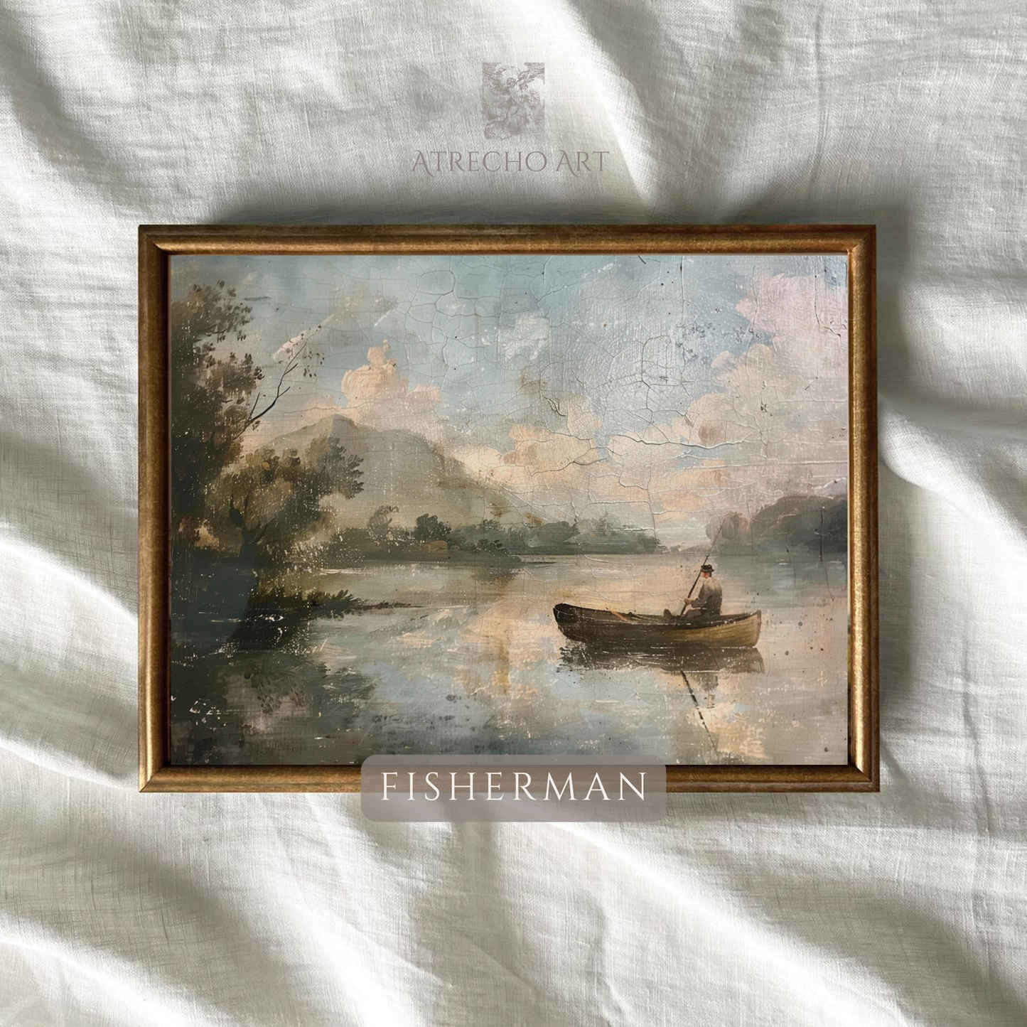 Fisherman lake art print on natural linen backing — crackled Old World oil finish in muted blues and warm parchment tones
