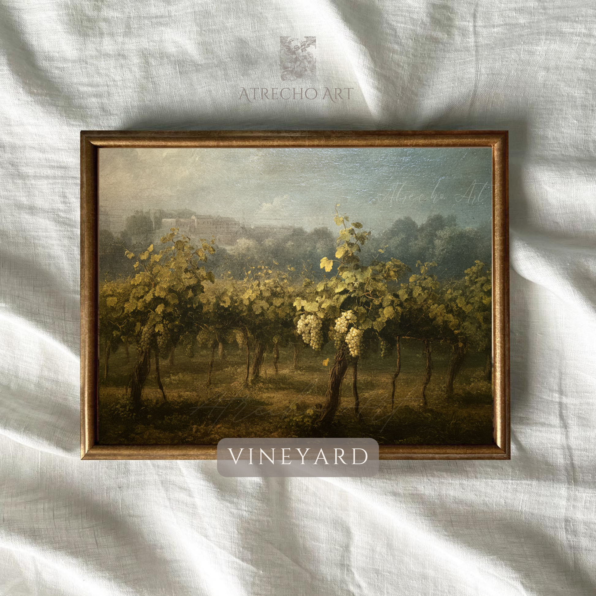 Vintage vineyard landscape painting print featuring rolling hills with grapevines and distant mountains in earth tones