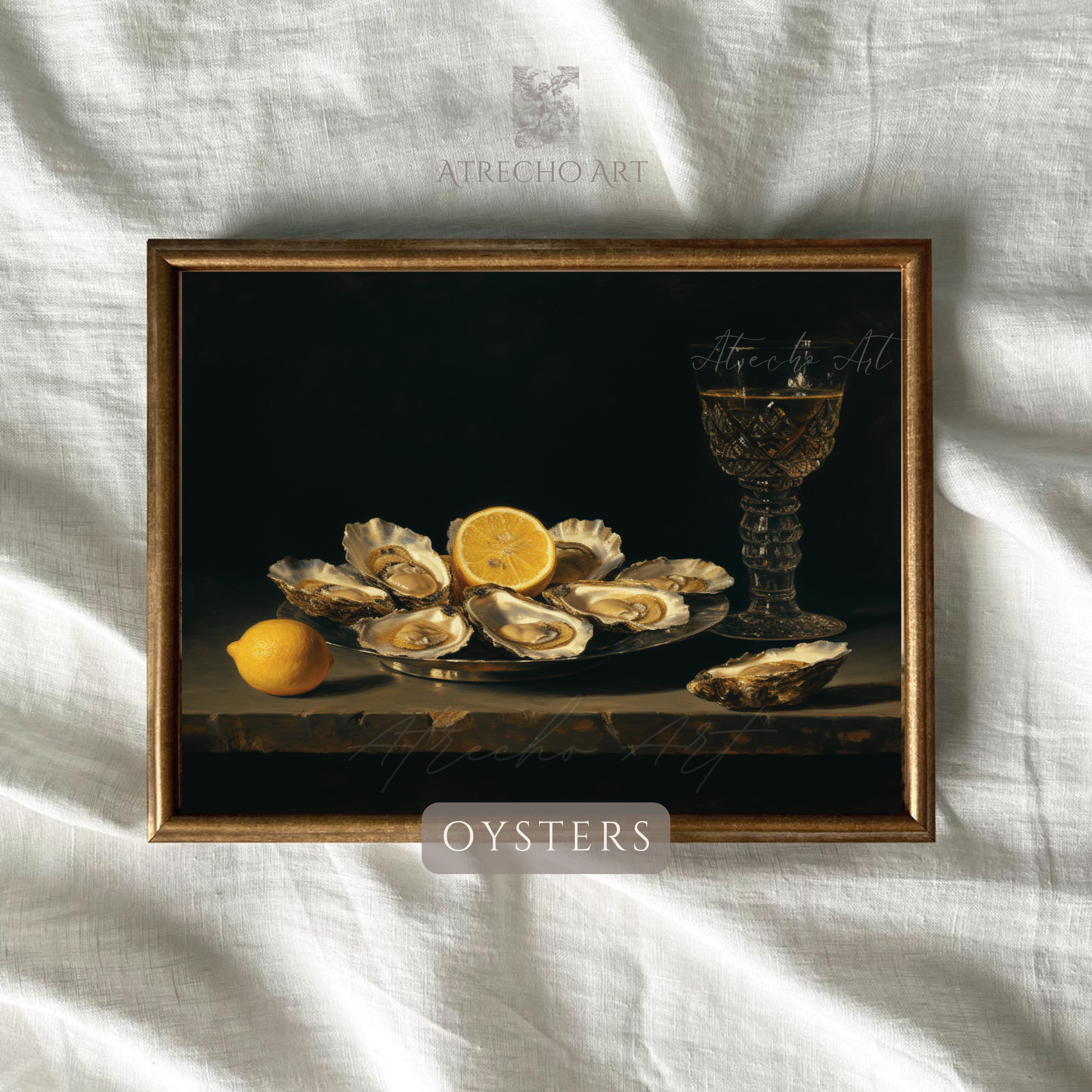 Oysters Baroque still life print against natural linen background — moody dark still life fine art print
