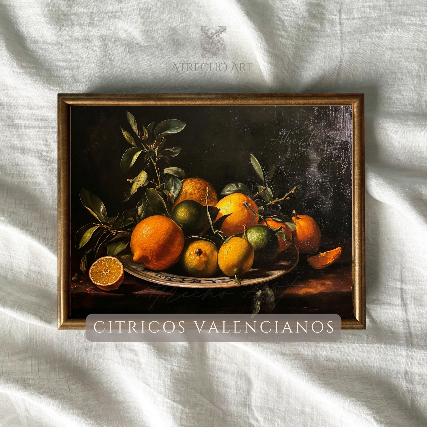 Spanish citrus art print featuring Valencian oranges, lemons and limes on pewter platter with green leaves in classical Baroque still life style against dark background