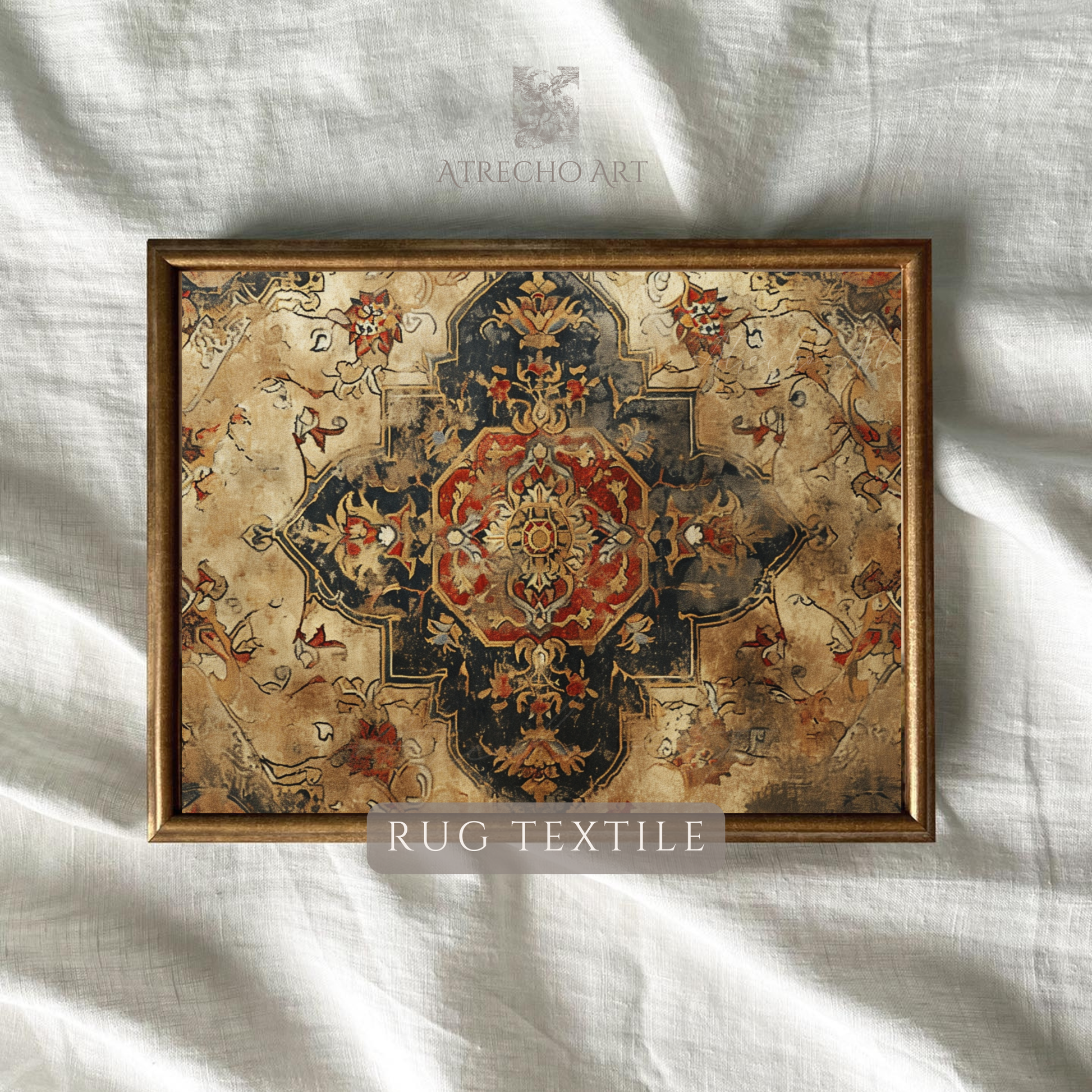 Close-up of the Persian rug print showing woven pile texture and sun-faded dyes against natural linen, by Atrecho Art
