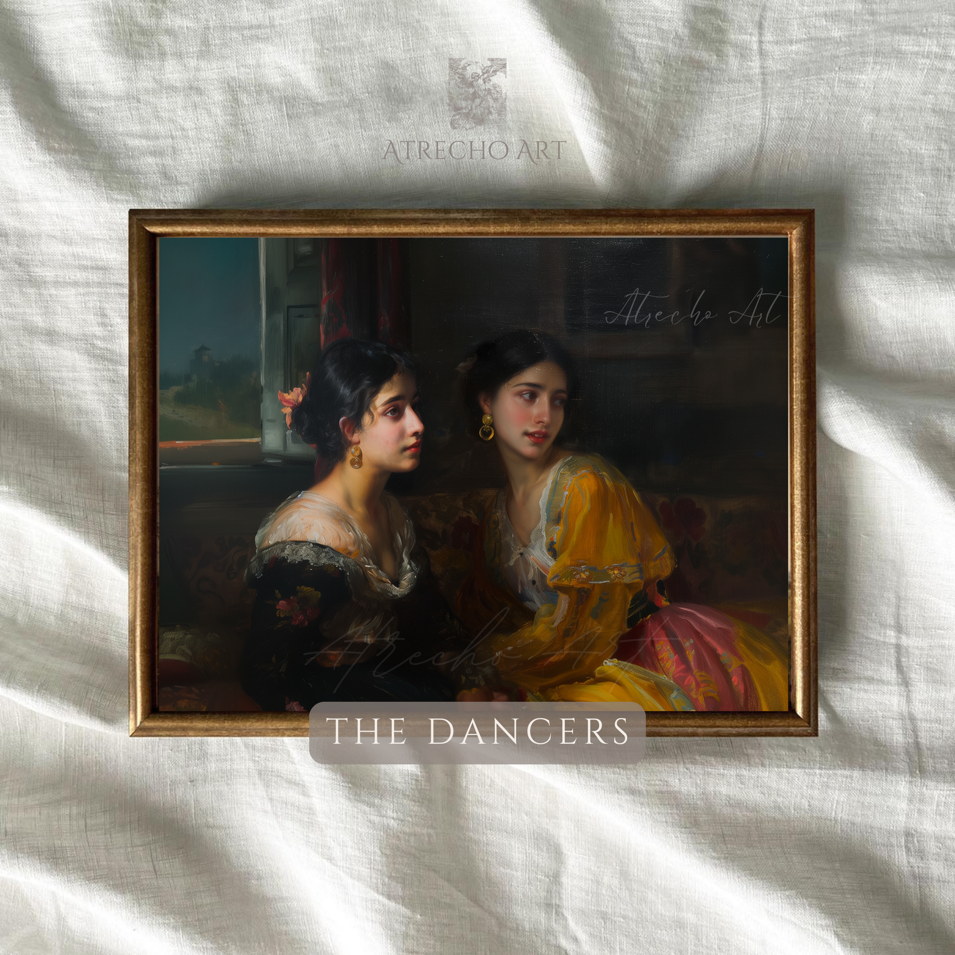 The Dancers Spanish classical portrait print showing two elegant women in 19th century period dress perfect for dark academia wall decor