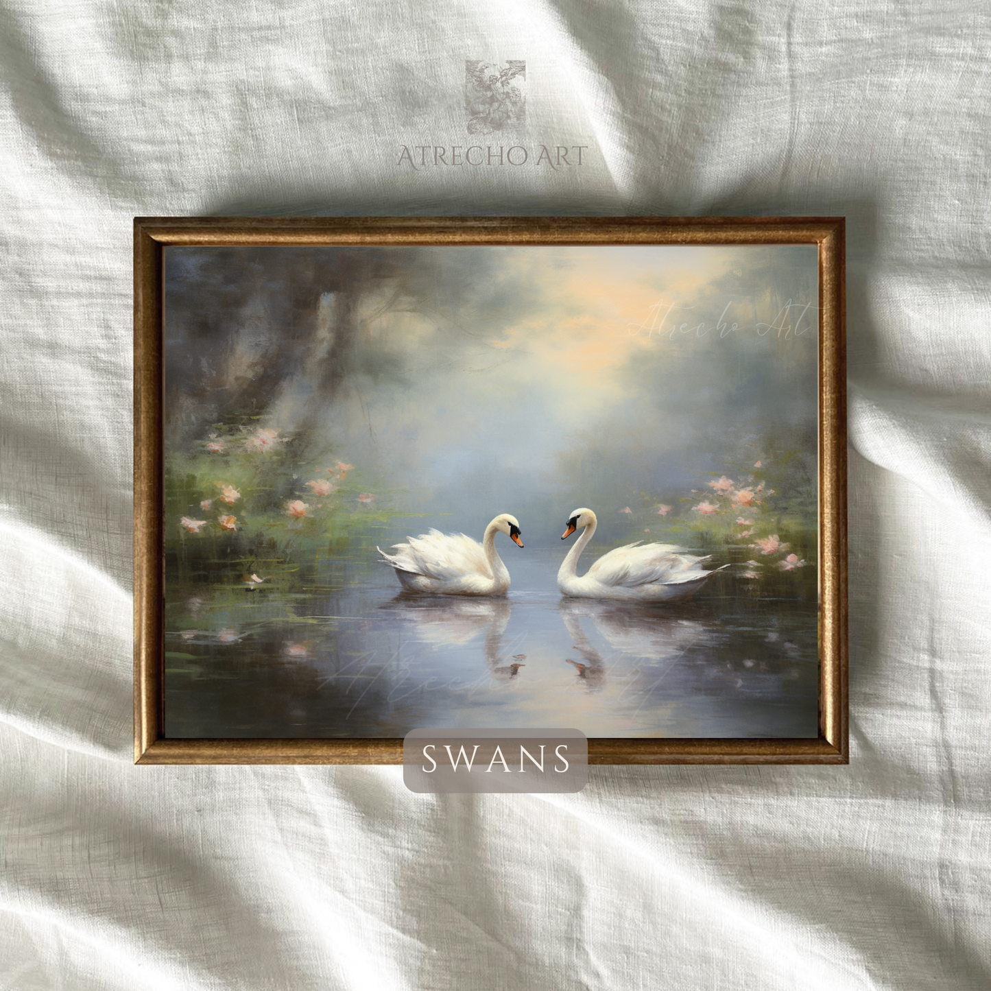 Swan art print on natural linen background — vintage misty lake scene with mute swans in soft morning light