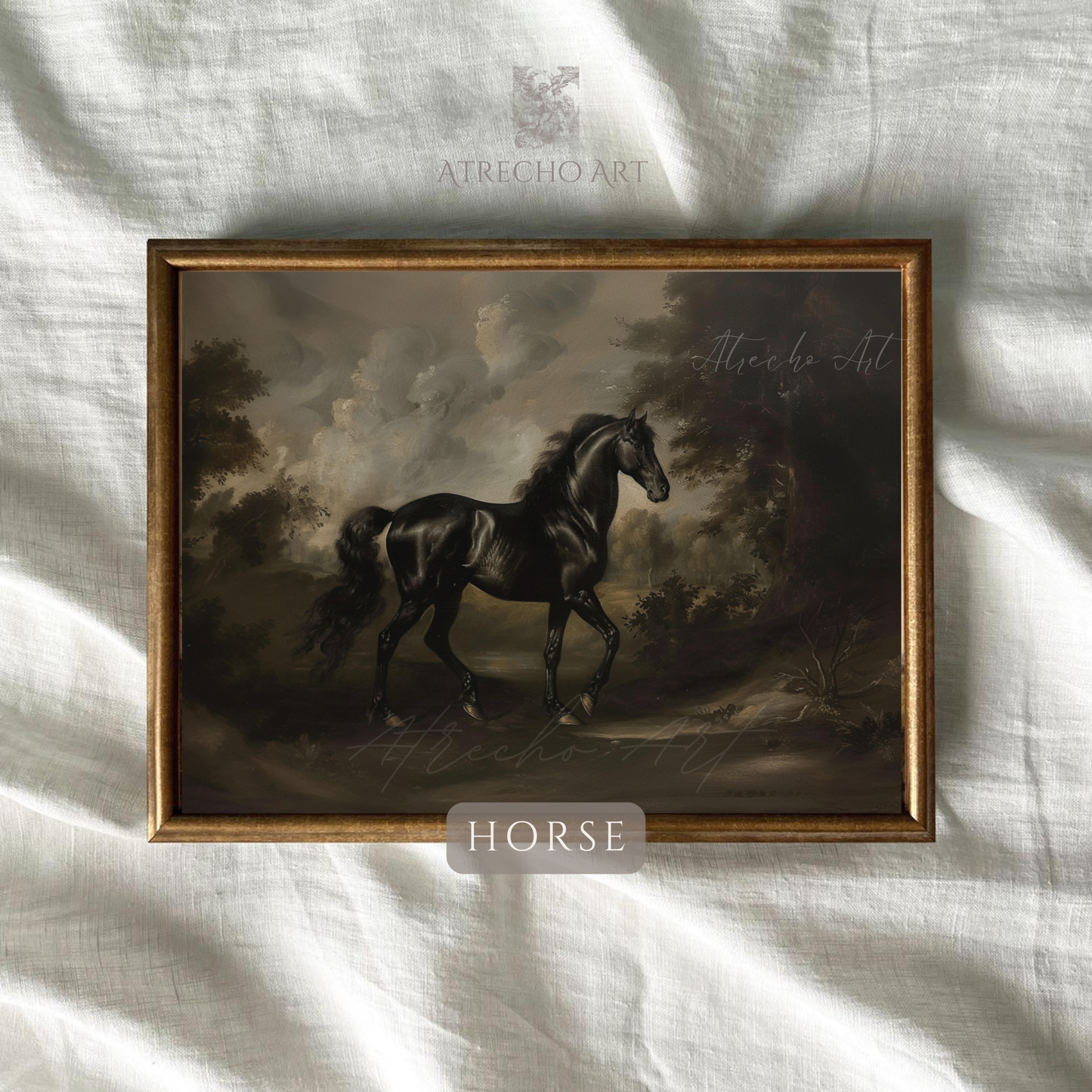 Black horse wall art — vintage Old Master equestrian portrait, dark academia print in gilded frame, moody stallion painting | AN32