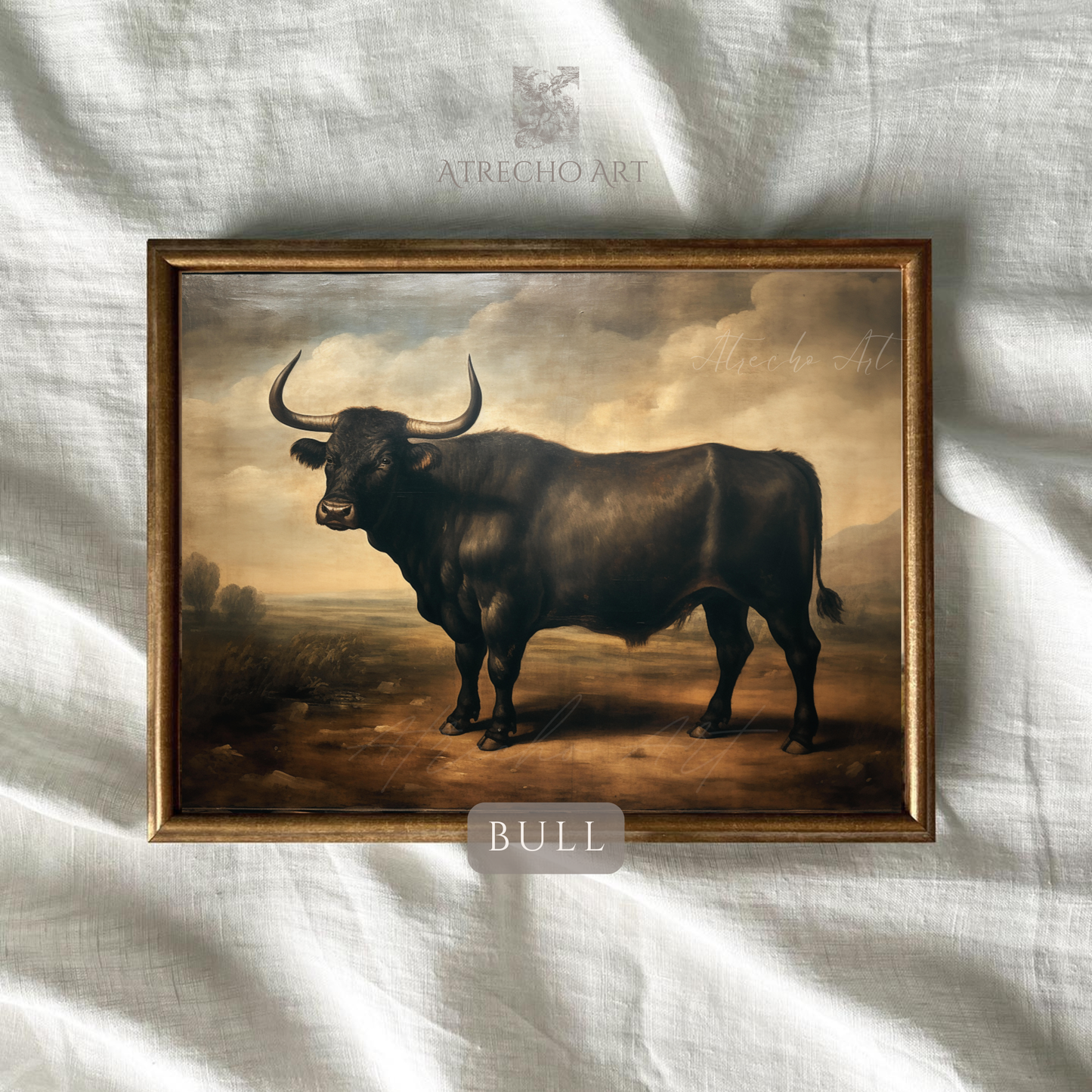 Classical black bull portrait oil painting with dramatic lighting in vintage frame, old world livestock artwork