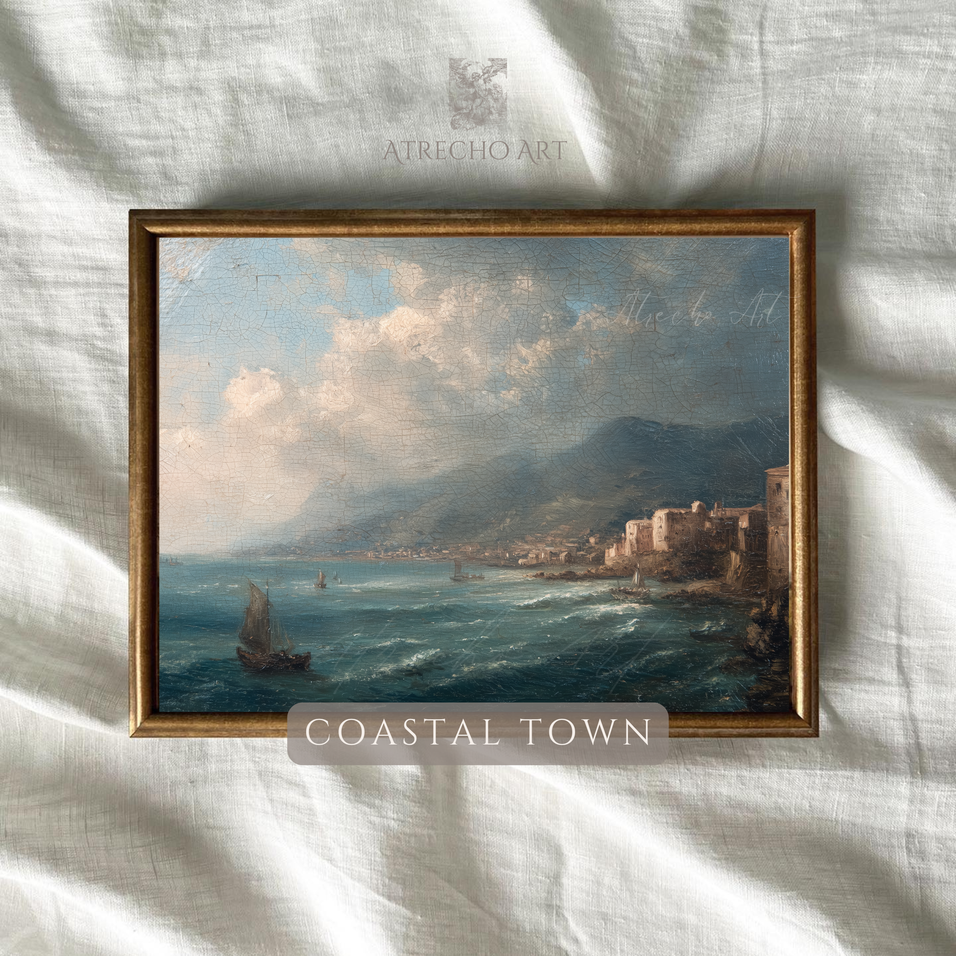 Coastal harbor art print against natural linen — muted teal water,
warm cream stone, Old World nautical wall art, antique seascape