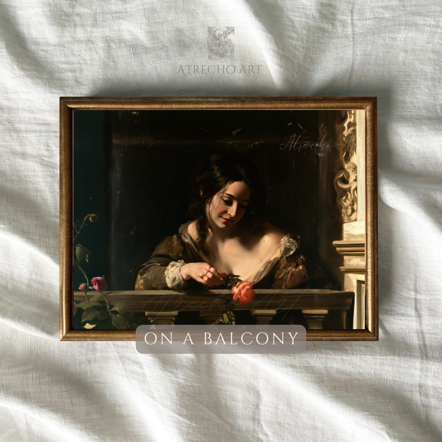 Woman on a balcony print shown against natural linen texture, warm umber and olive Baroque tones, by Atrecho Art