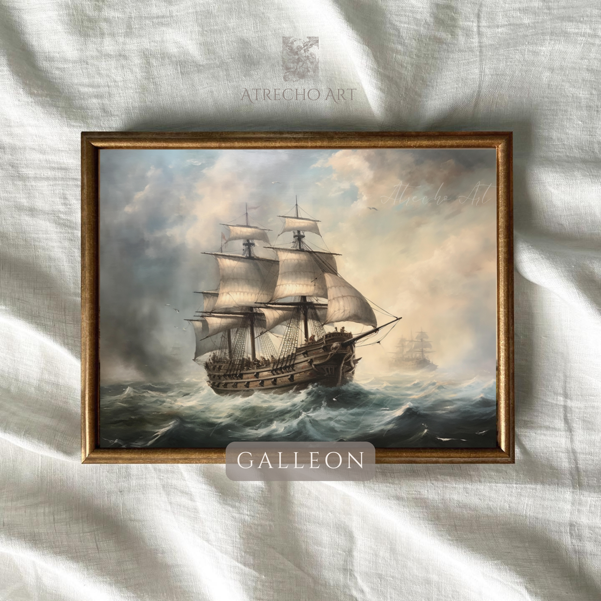 Galleon print — vintage tall ship on stormy seas, Old World maritime oil painting art by Atrecho Art, NA26