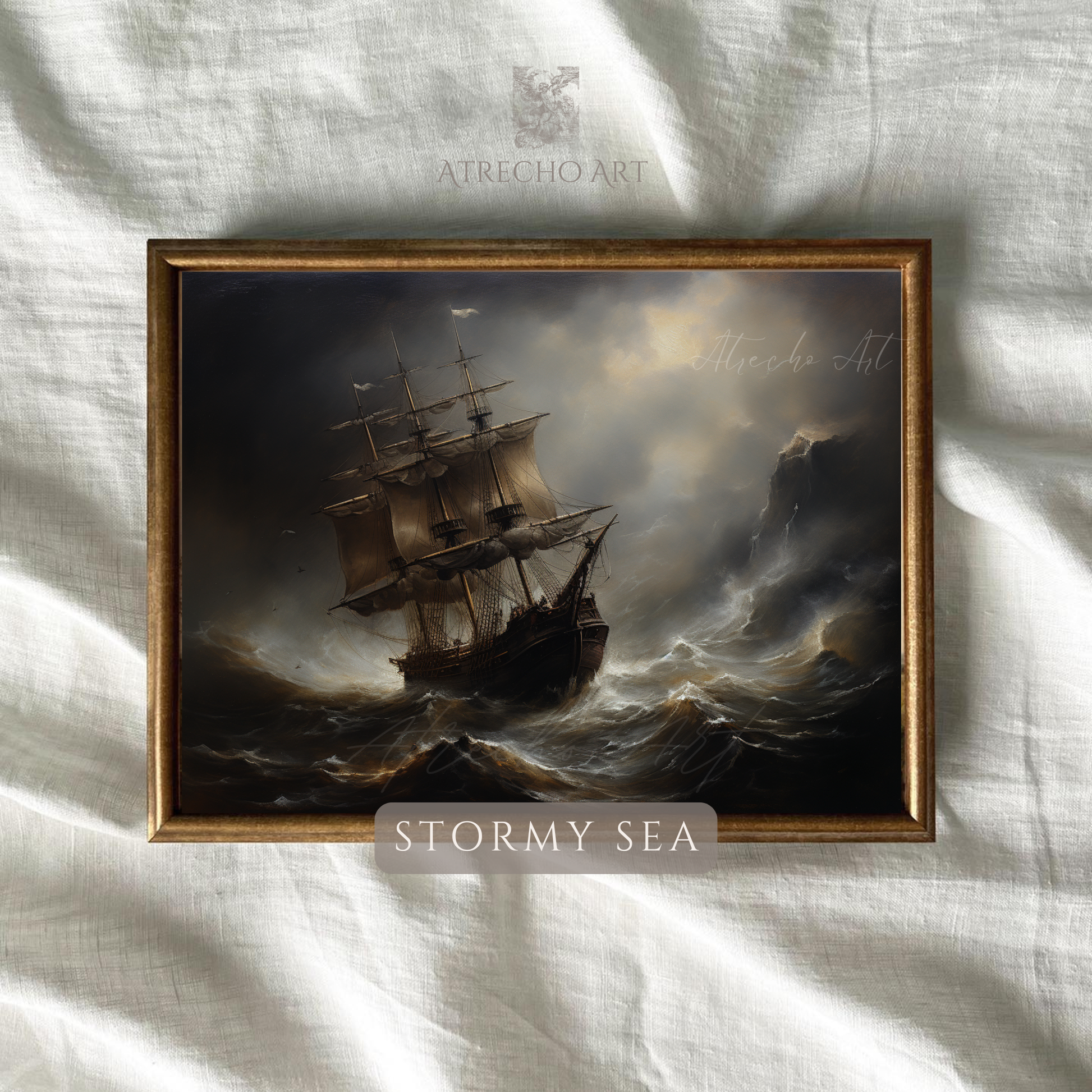 Dramatic stormy sea art print featuring Spanish galleon ship battling turbulent ocean waves under moody storm clouds with golden light breaking through
