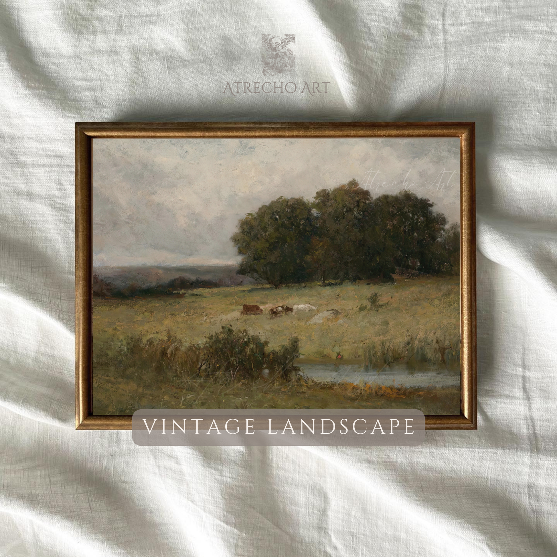 Countryside landscape art print on linen background — warm olive and ochre pastoral scene with cattle and distant hills