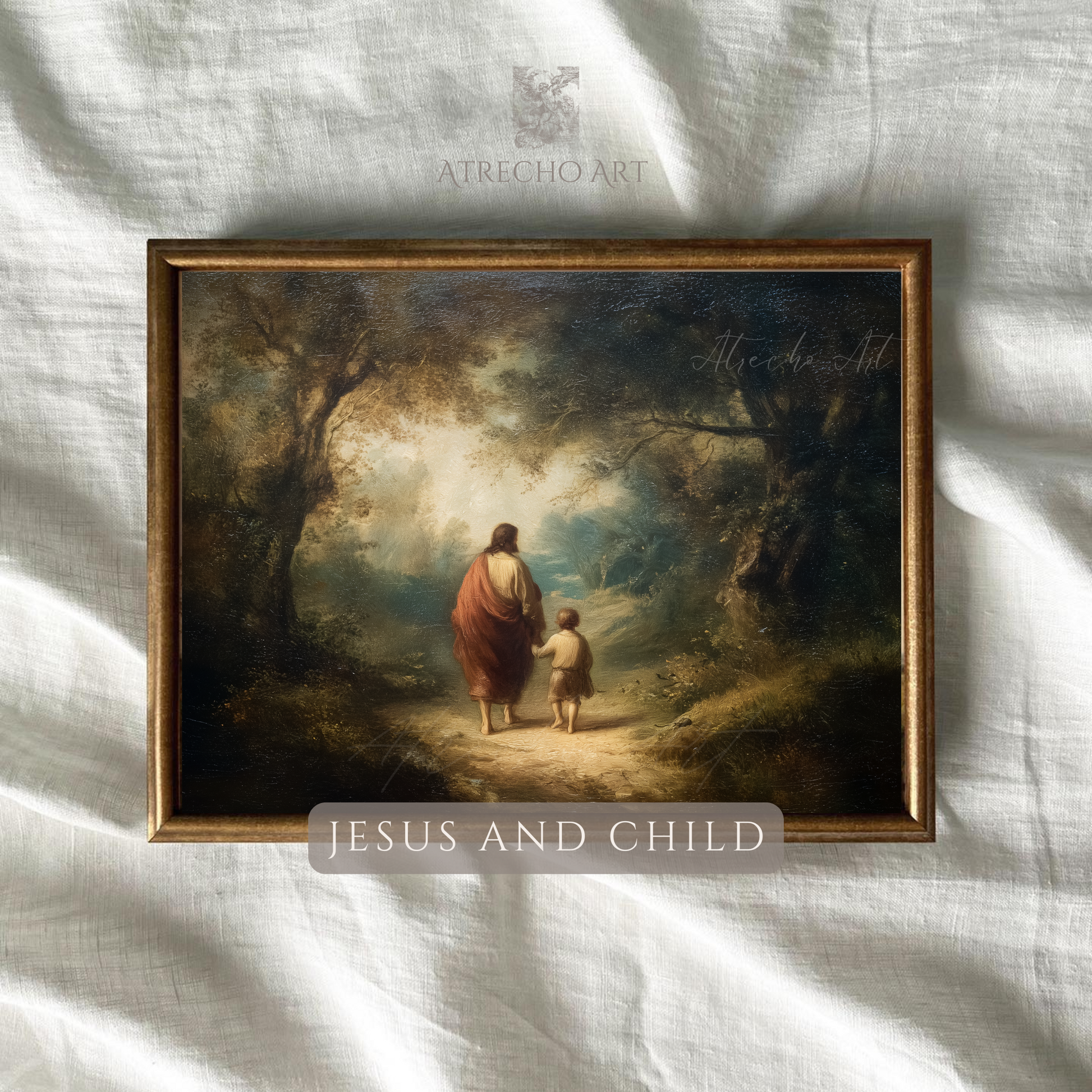 Vintage-inspired Jesus and child art print featuring warm golden lighting in Old World Spanish religious painting style, perfect for Christian home decor and prayer spaces