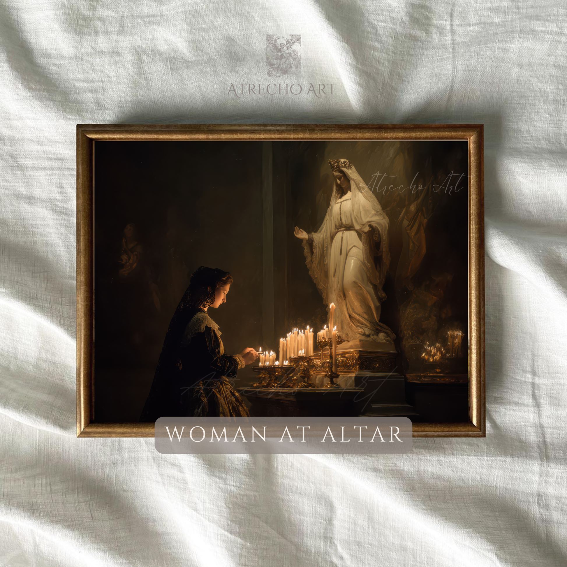 Devotional altar print shown against natural linen texture in a wood frame, warm candle-gold and black, by Atrecho Art