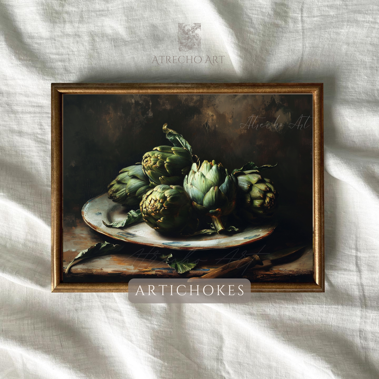Vintage artichoke still life art print showing fresh green artichokes with one white flower on weathered ceramic plate against dark background