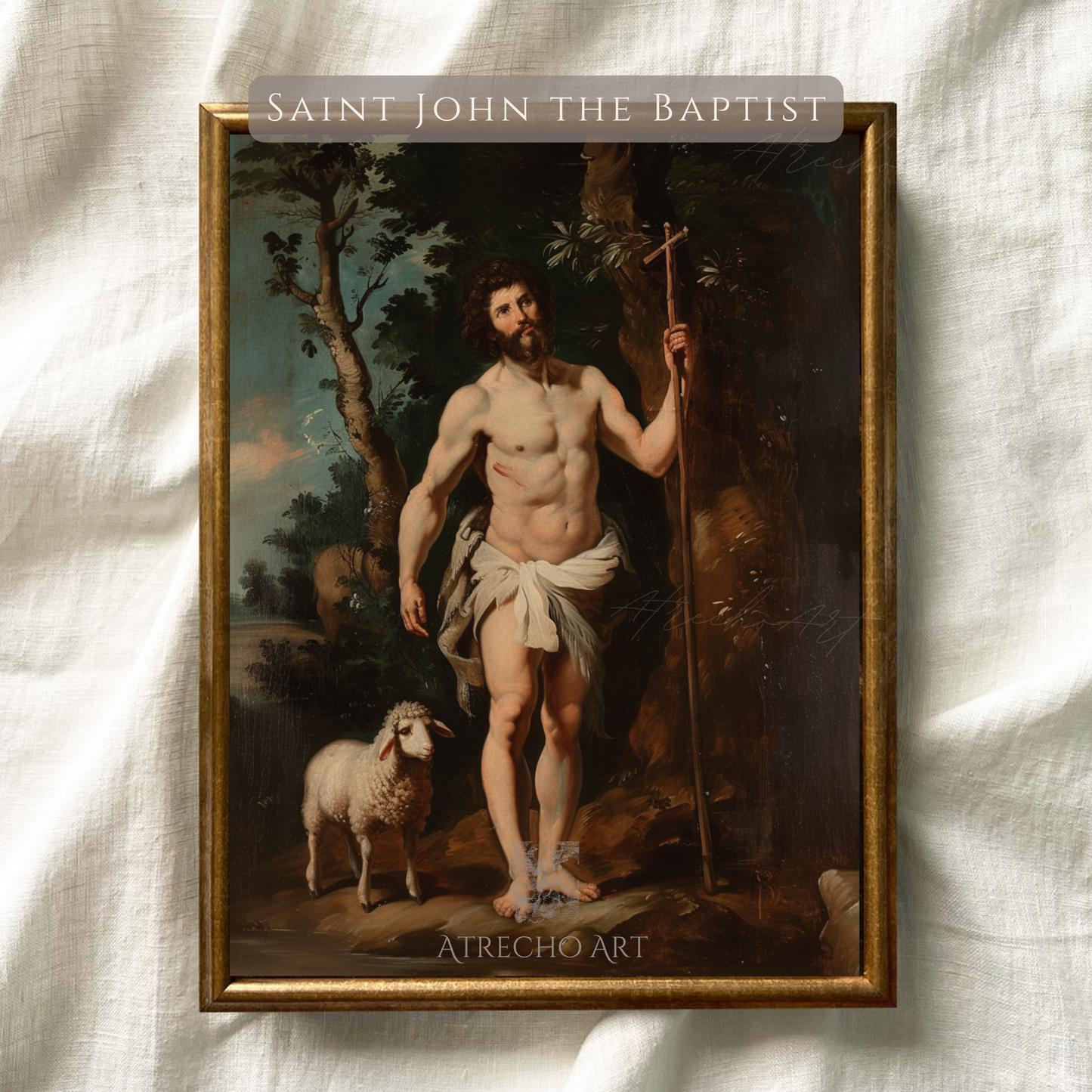 Saint John the Baptist print on natural linen background — warm ochre tones, devotional Catholic art print RE09 Atrecho Art