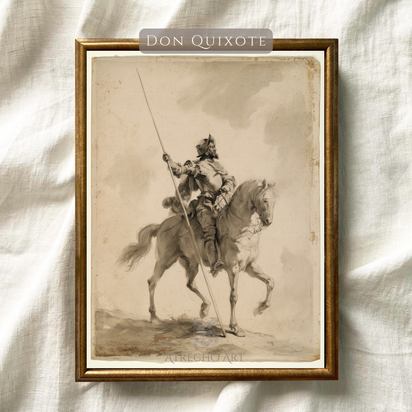 Sepia Don Quixote drawing shown against natural linen texture, warm brown, umber and cream tones by Atrecho Art