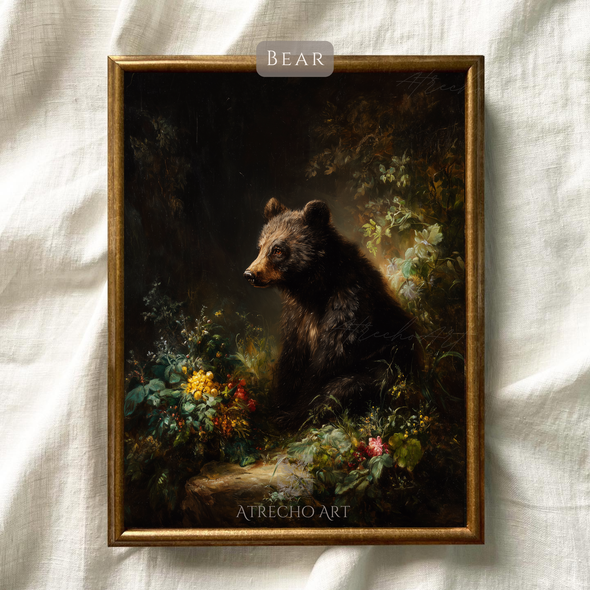 Brown bear woodland print shown against natural linen texture, warm sienna fur and jewel-toned florals, by Atrecho Art
