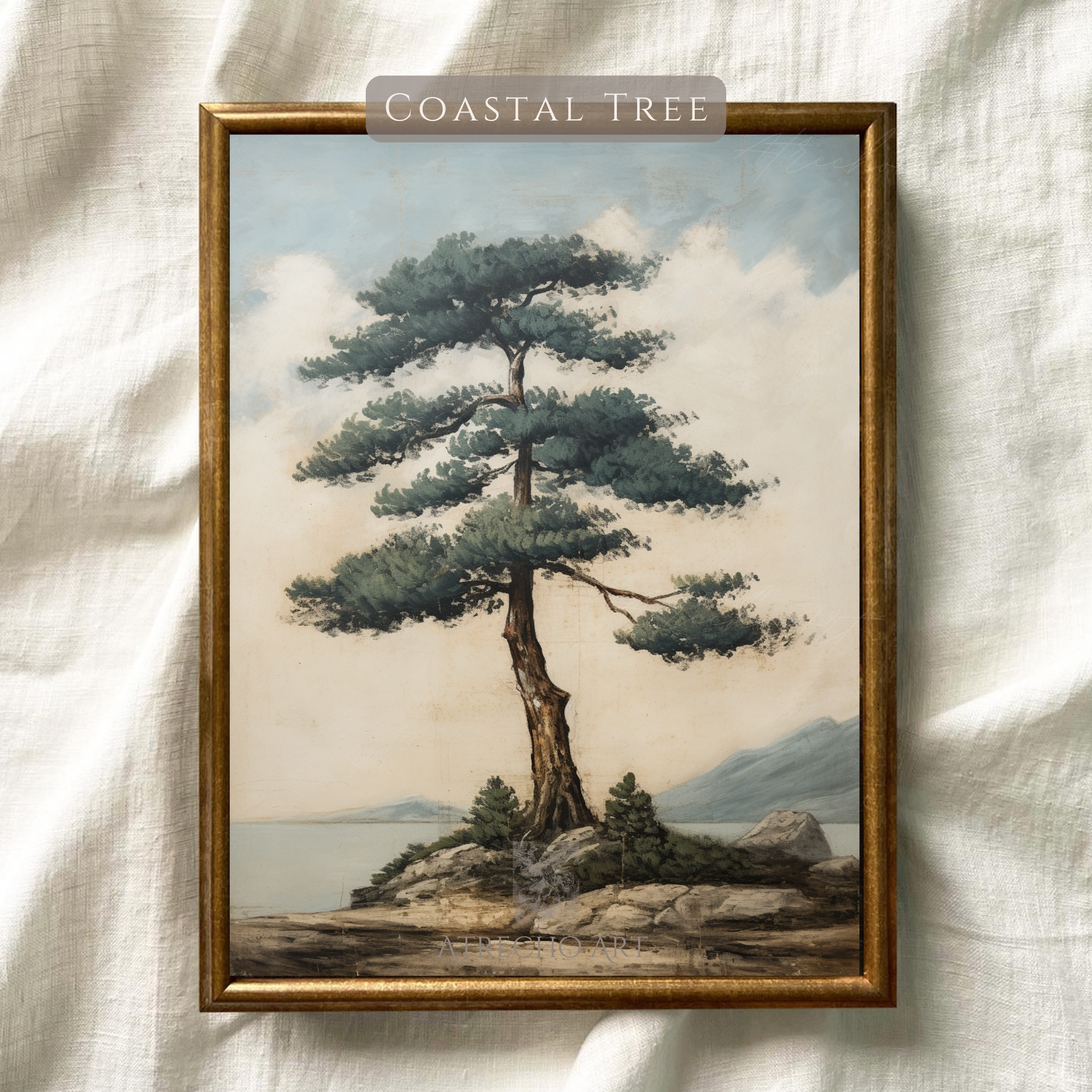 Close view of the coastal pine print on natural linen, showing soft watercolour washes and aged foxed paper, by Atrecho Art