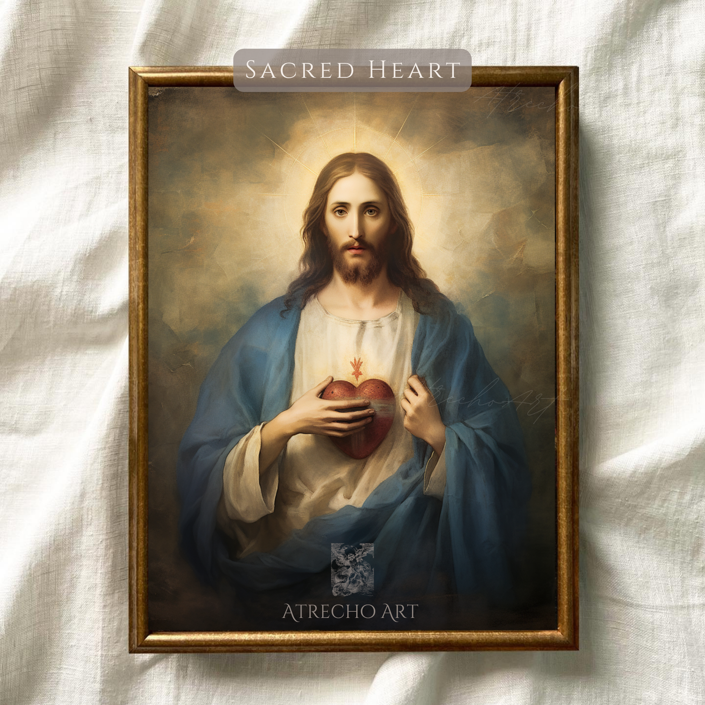Sacred Heart of Jesus print showing Christ in blue robes with glowing sacred heart, golden halo and divine light for Catholic religious wall art