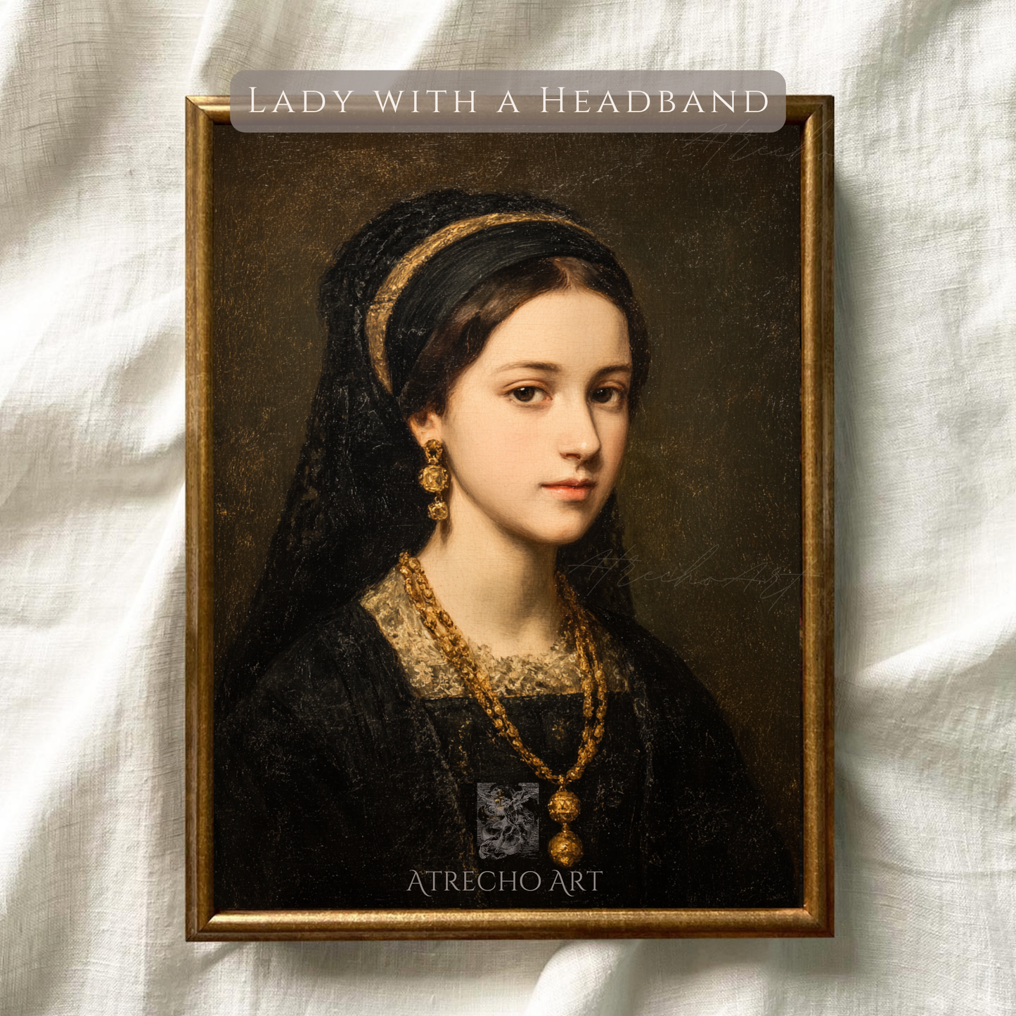 Classical lady with black headband and gold ornaments wearing dark Renaissance-style clothing, displayed in ornate gold frame against cream linen background—Old World portrait art print by Atrecho Art