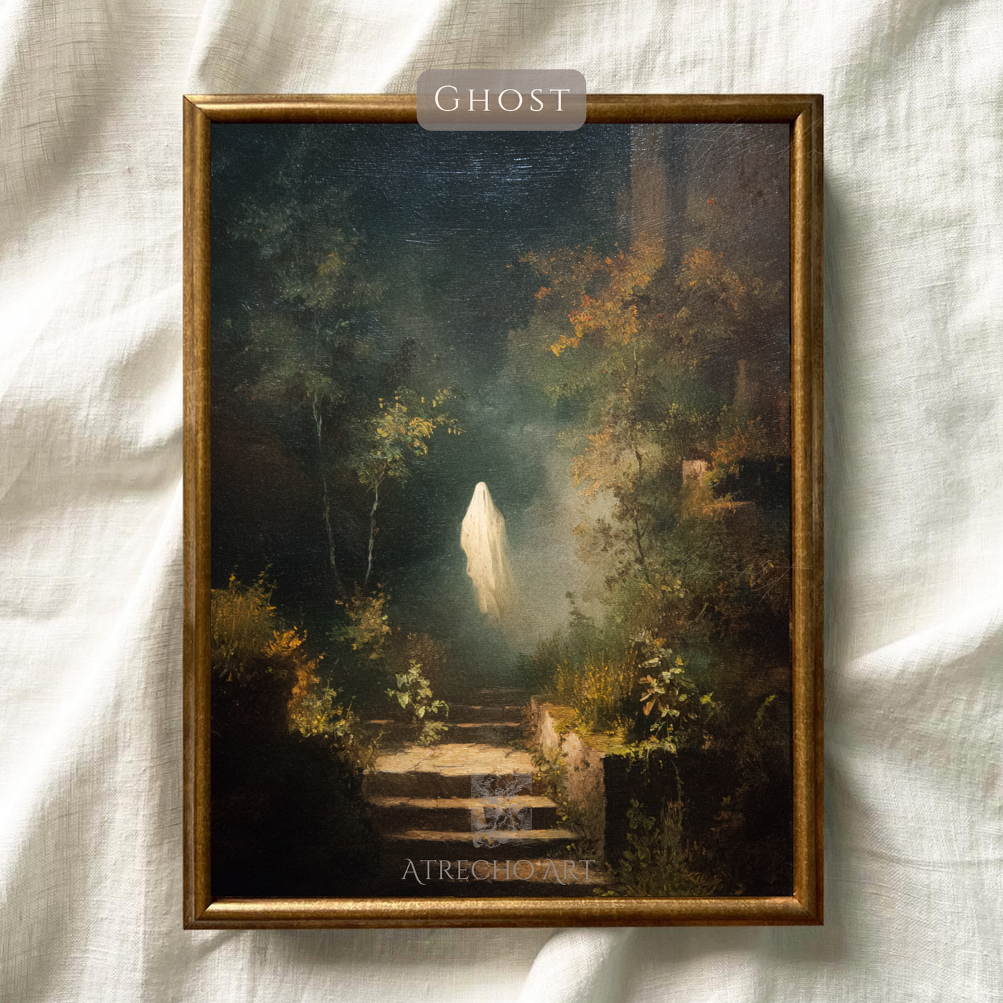 Ghost garden art print featuring ethereal white spirit ascending weathered stone steps in dark overgrown garden with golden autumn foliage and moody lighting