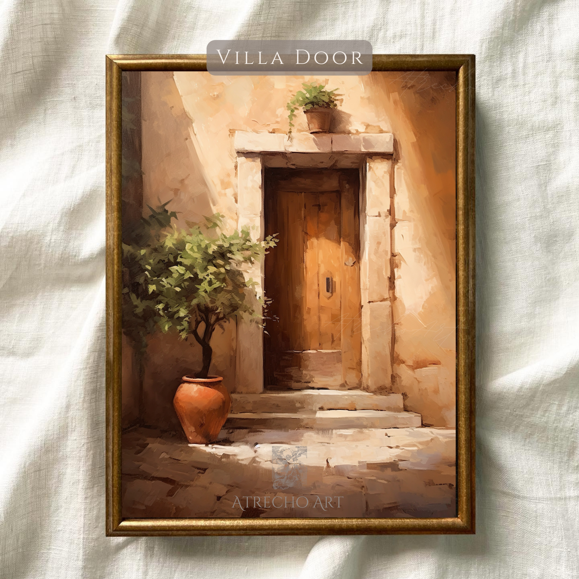Mediterranean villa door with terracotta planters and weathered stone. Spanish courtyard architecture art print on museum-grade paper.