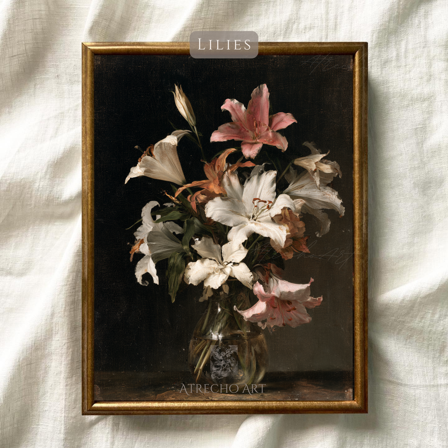 Old Master lily print against natural linen texture, warm ivory and rust petals in candlelit light by Atrecho Art