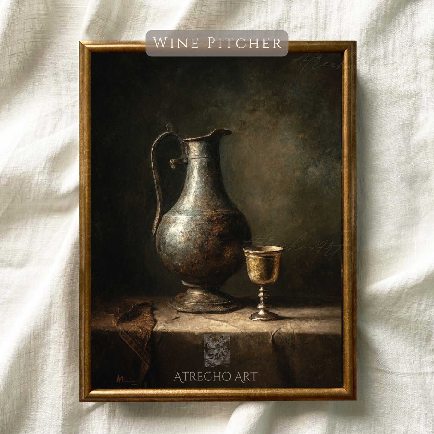 Pewter wine pitcher still life print shown against natural linen texture, warm umber and gold tones, by Atrecho Art