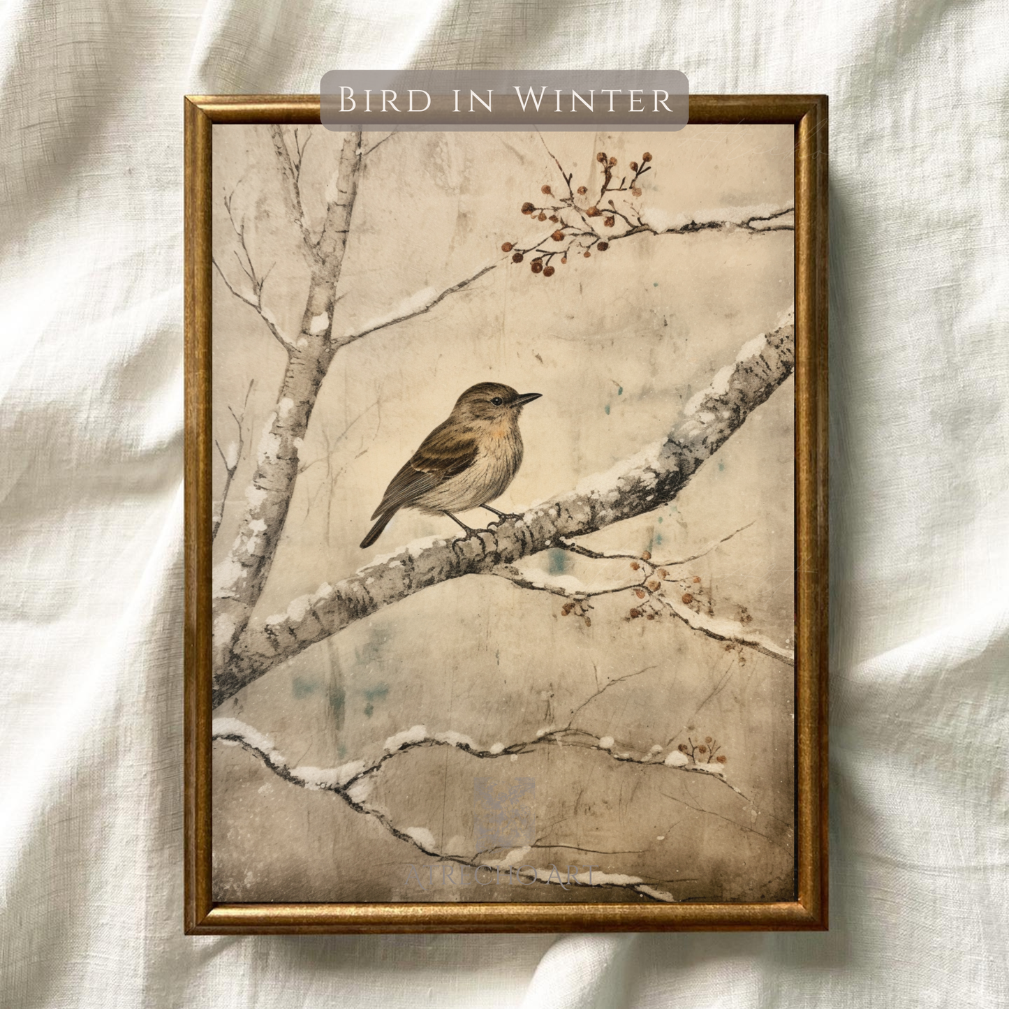 Kacho-ga songbird print shown against natural linen texture, warm sepia and cream tones, by Atrecho Art