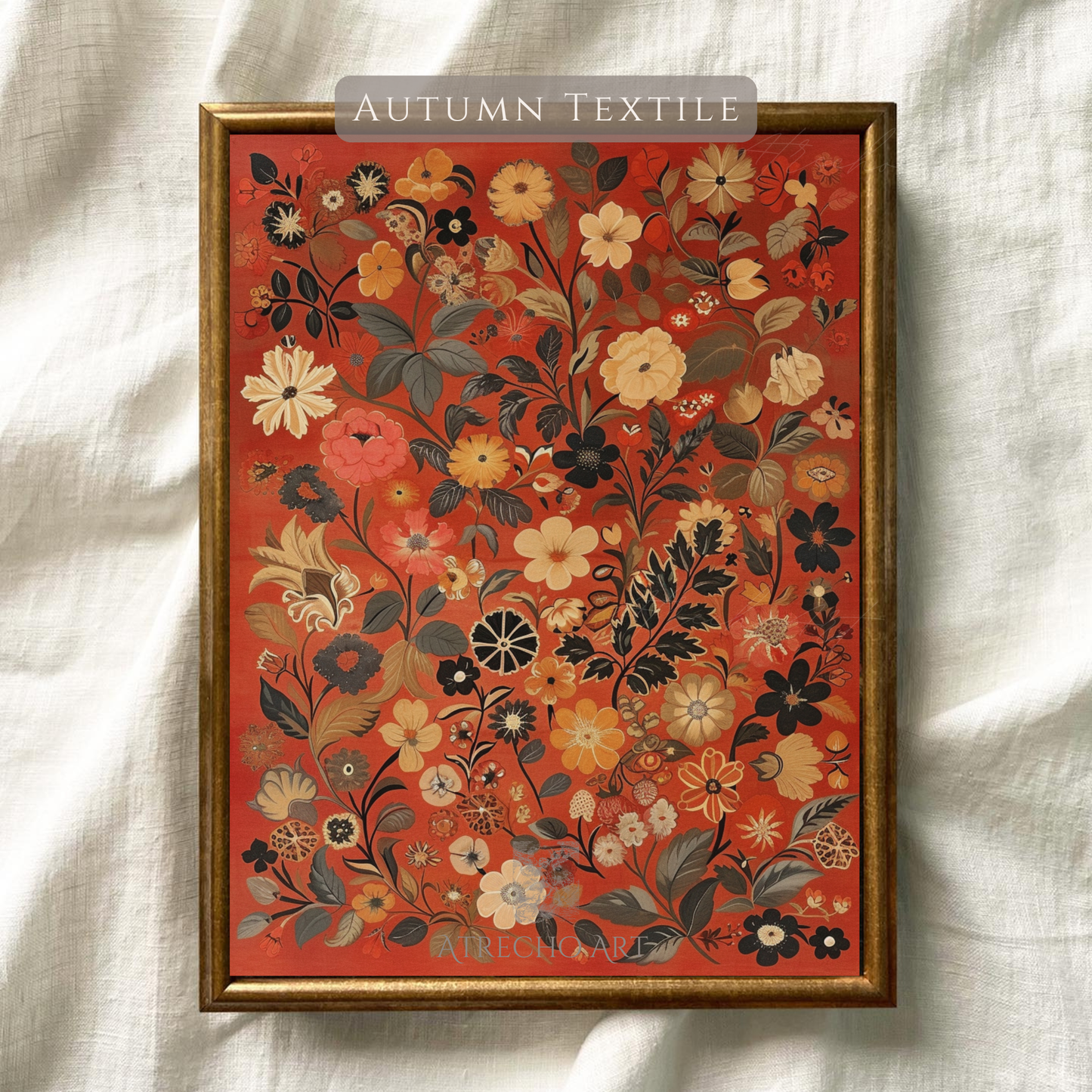 Folk embroidery floral print on a natural linen background, satin-stitch texture and warm autumn tones, by Atrecho Art