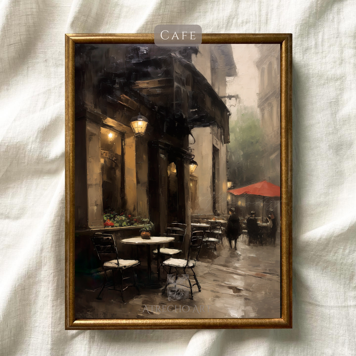 European cafe wall art featuring atmospheric street scene with outdoor dining, vintage lanterns, and cozy bistro ambiance perfect for coffee shop decor