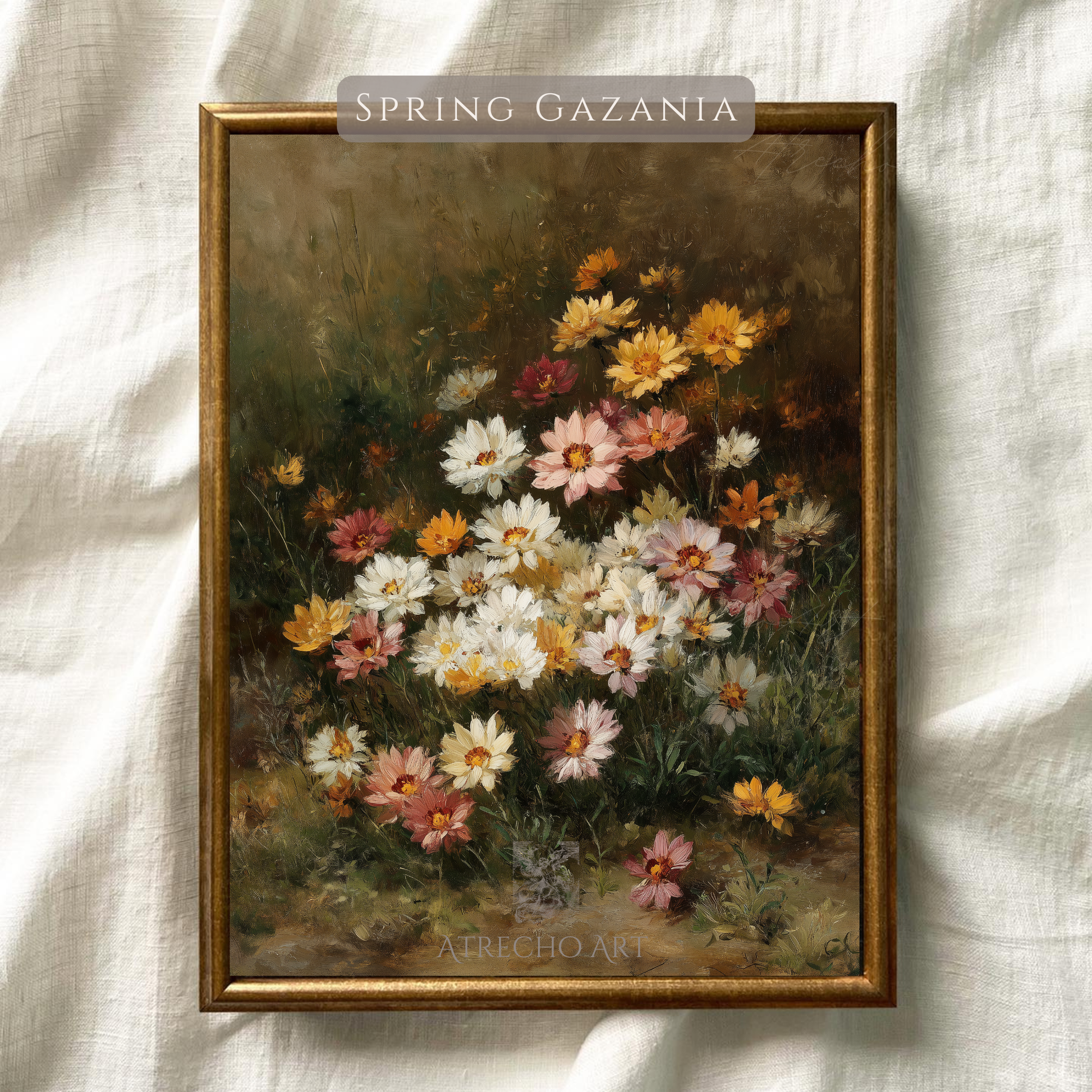 Spring Gazania art print on natural linen texture — vintage wildflower meadow study in warm jewel tones