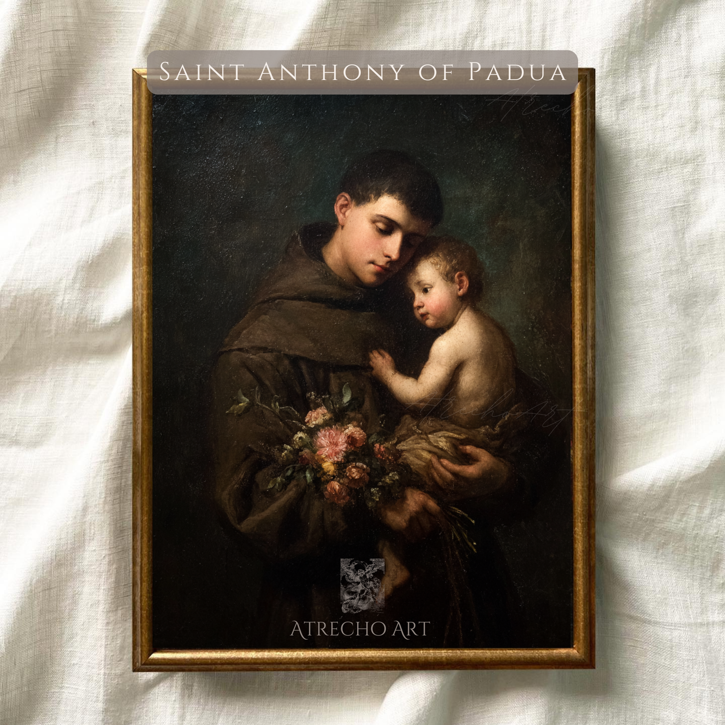 Saint Anthony of Padua art print hung in dark academia study above leather chair — Old Master religious wall art in warm moody room