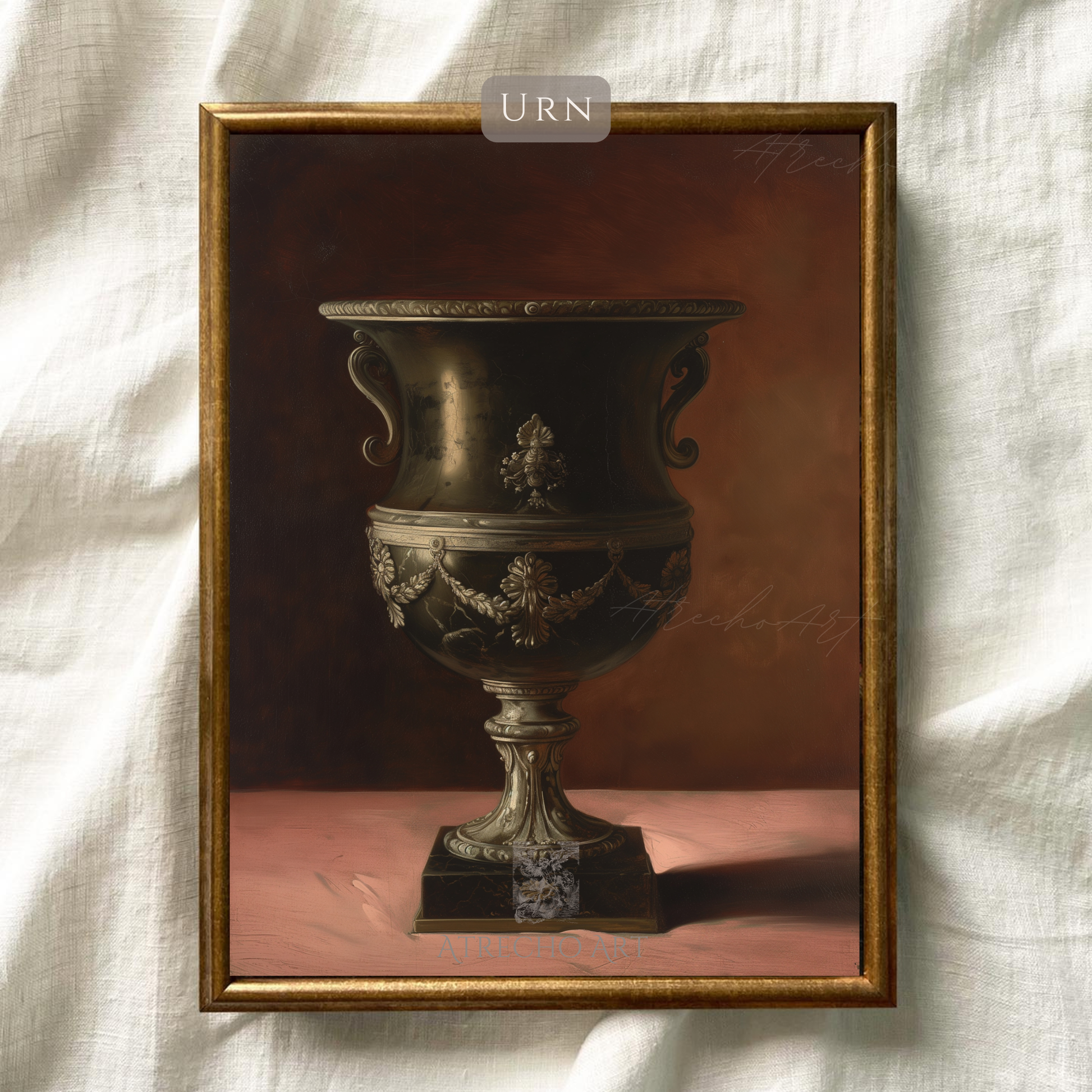 Close view of the urn print on natural linen texture, showing fine craquelure and antique gold highlights by Atrecho Art